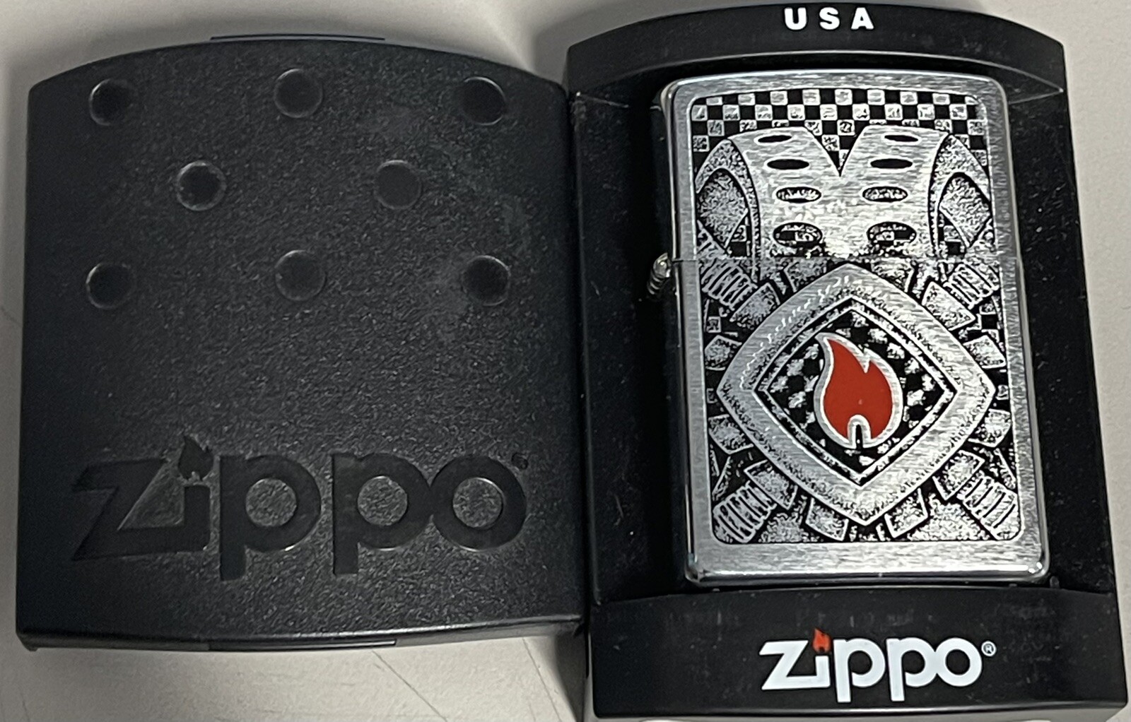 ZIPPO 2004 DOMINO DISASTER FLAME BRUSHED CHROME LIGHTER SEALED IN BOX 948