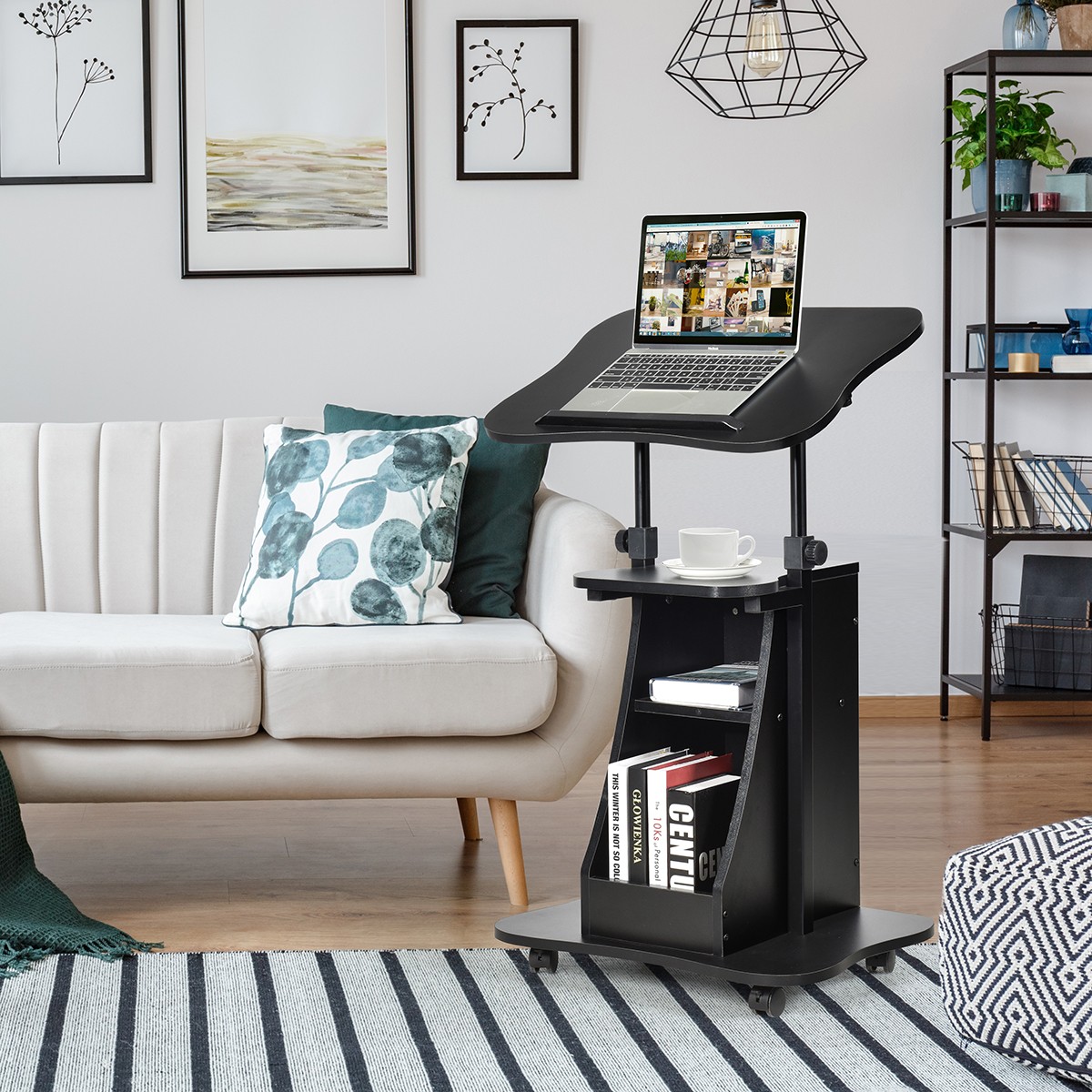 Sit-to-Stand Adjustable Laptop Desk Cart Rolling Mobile Features Storage Black