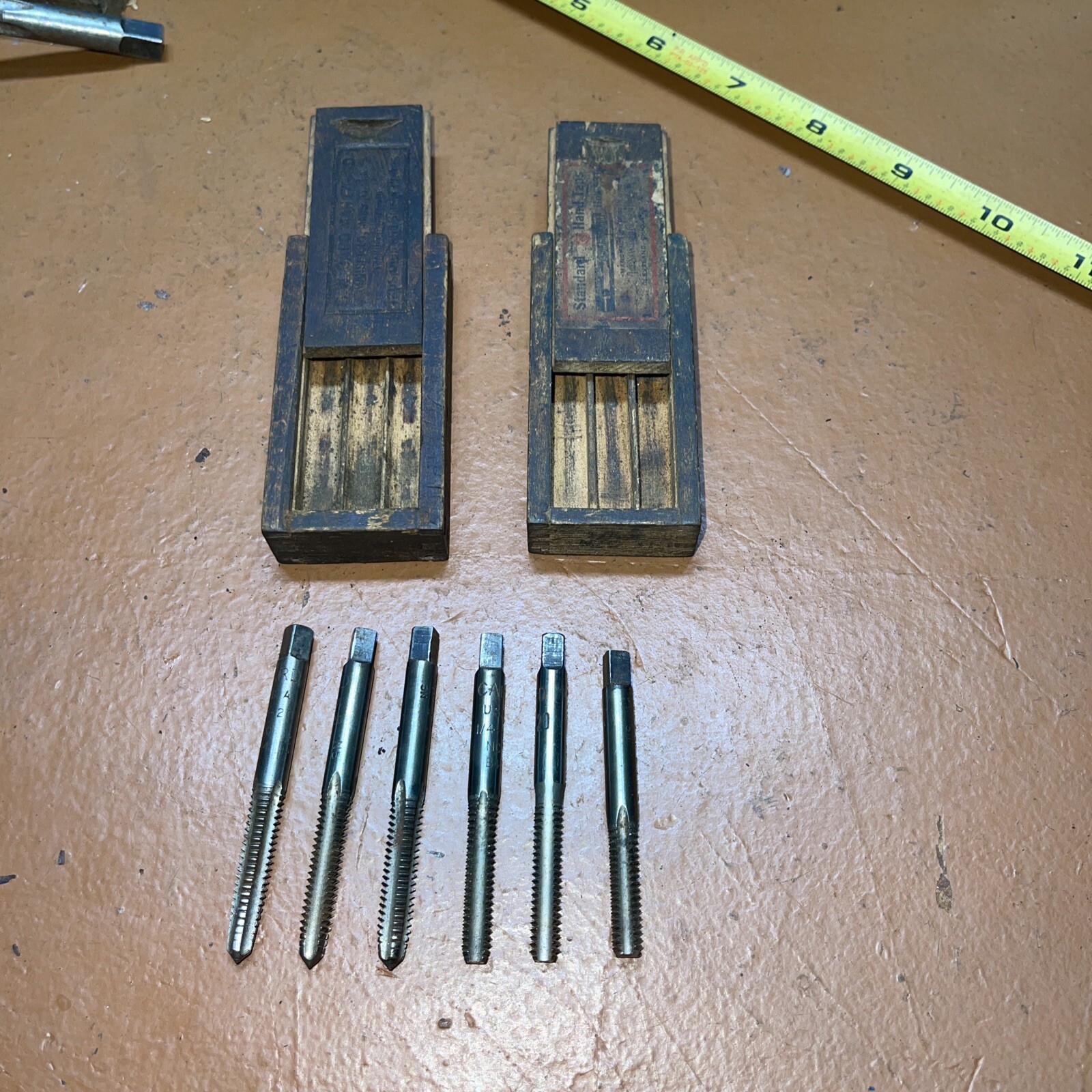 CARD USA 1/4 X 20 SAE 6 Piece Tap Set Wood Box Wooden Vintage NC Coarse Boxes