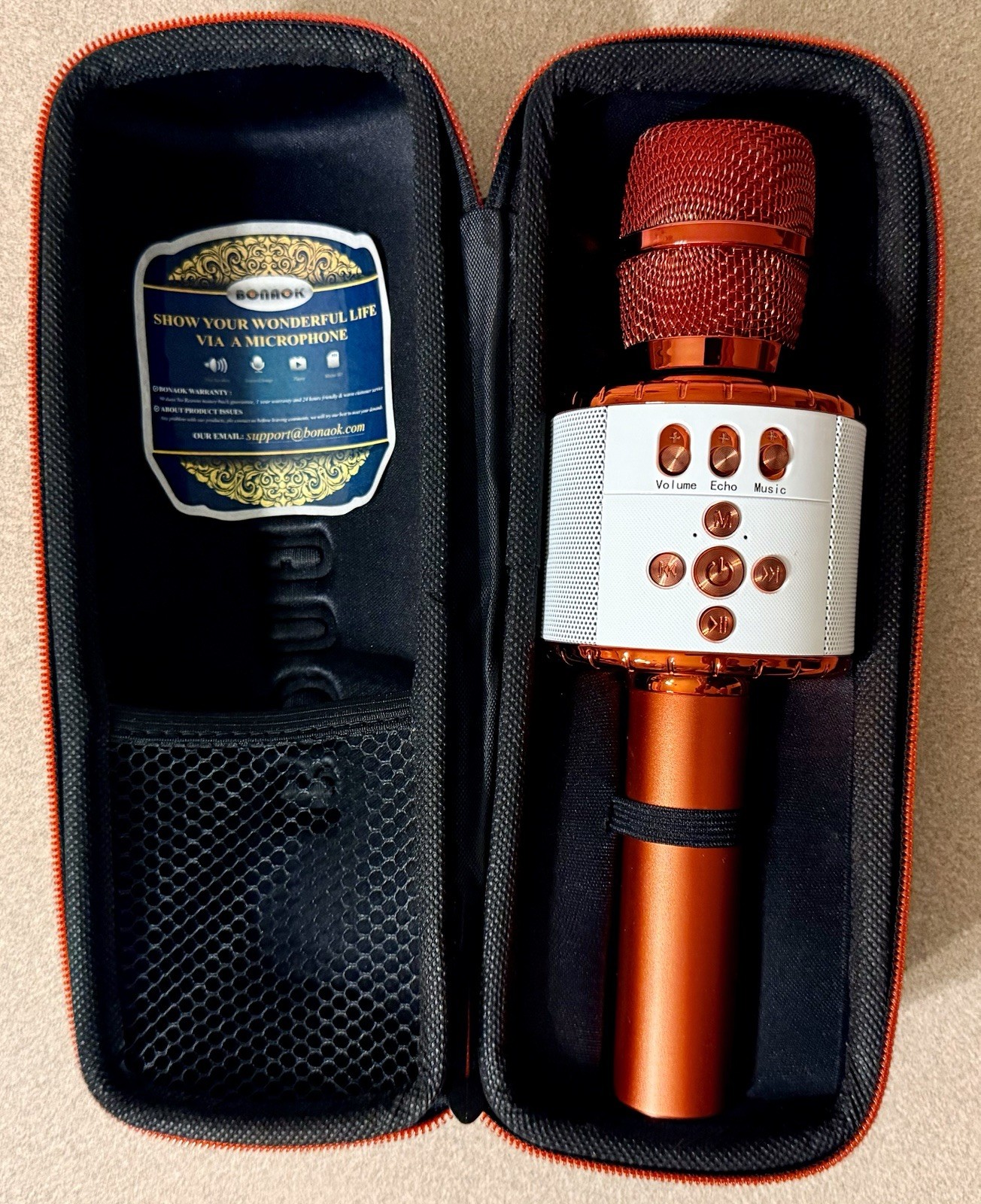 BONAOK Wireless Bluetooth Karaoke White Microphone With Carry Case RED