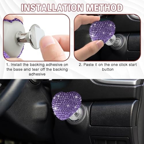 Bling Car One-Touch Start Button, Push Start Button Cover, Heart Purple #1