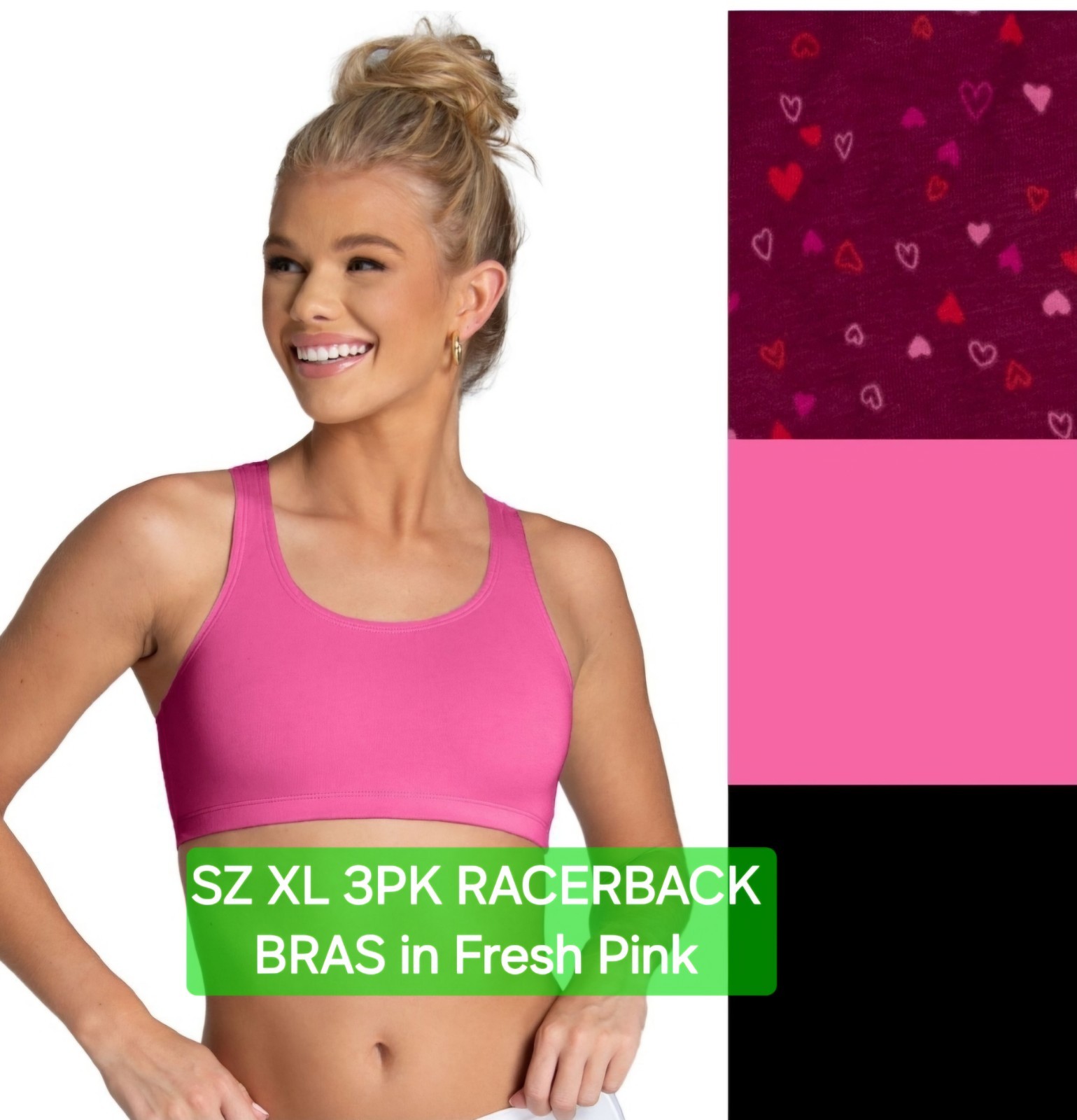 SZ XLG Fruit of the Loom  RACERBACK 360° BRAS 3PK  Cotton/Spandex in Fresh Pink