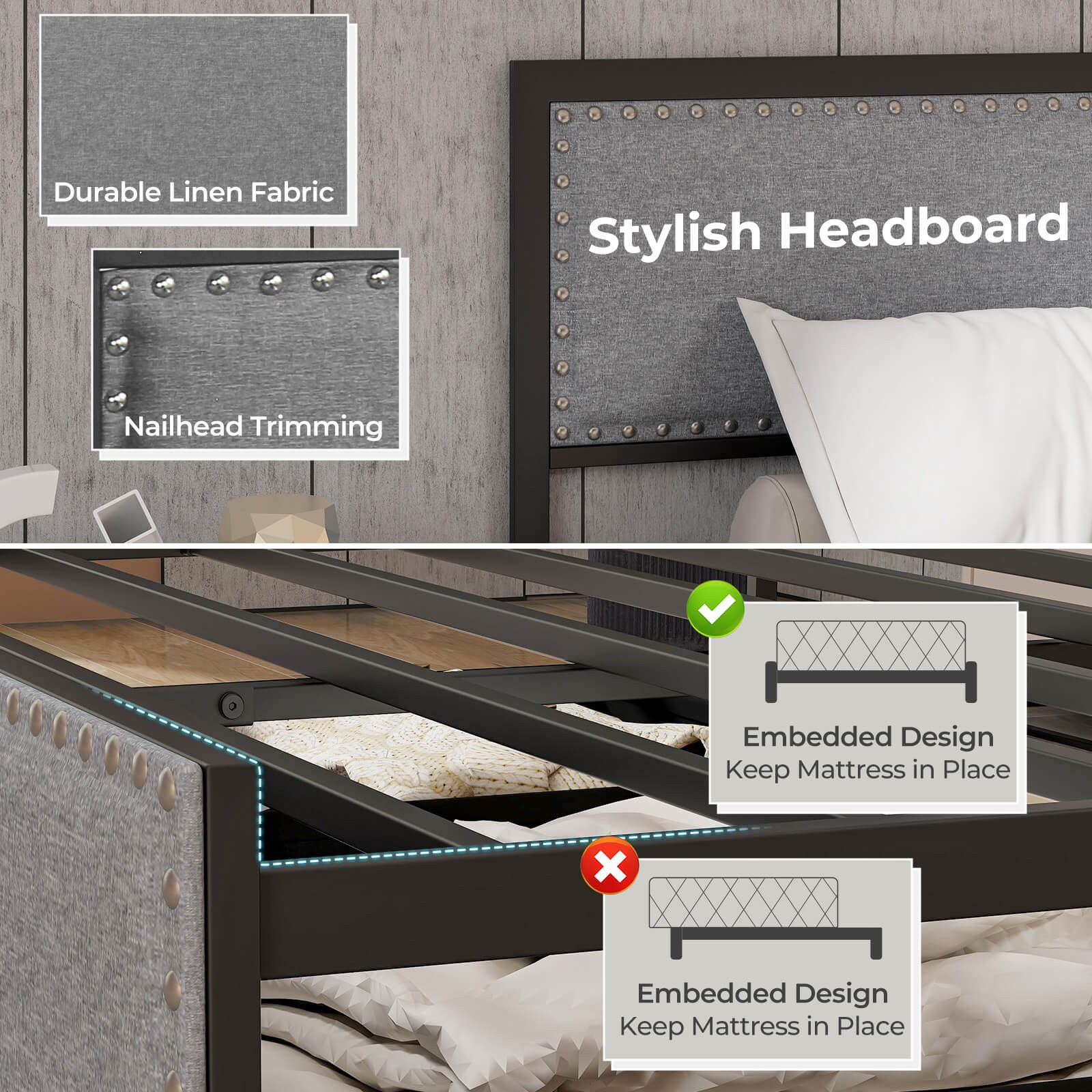 Full Size Bed Frame with 2 Storage Drawers LED Lights Slats Support Modern