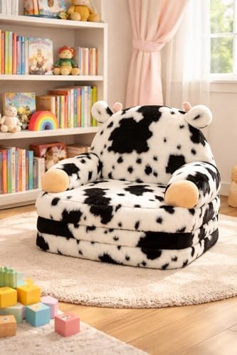 Toddler Chair with Faux Rabbit Fur – 2-in-1 Foldable Kids Couch, Soft Sofa cow