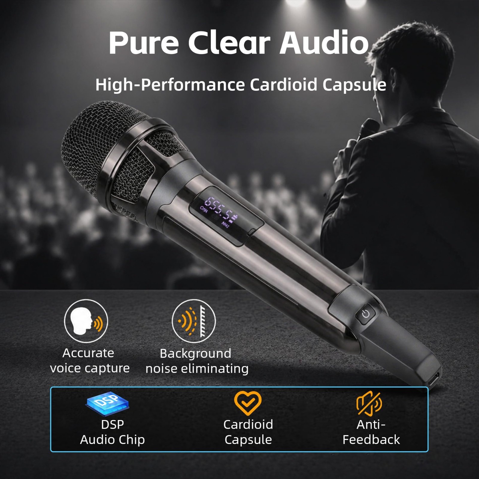 Dual Wireless Microphones for Karaoke - 500ft Range, LED Display, Handheld Mics
