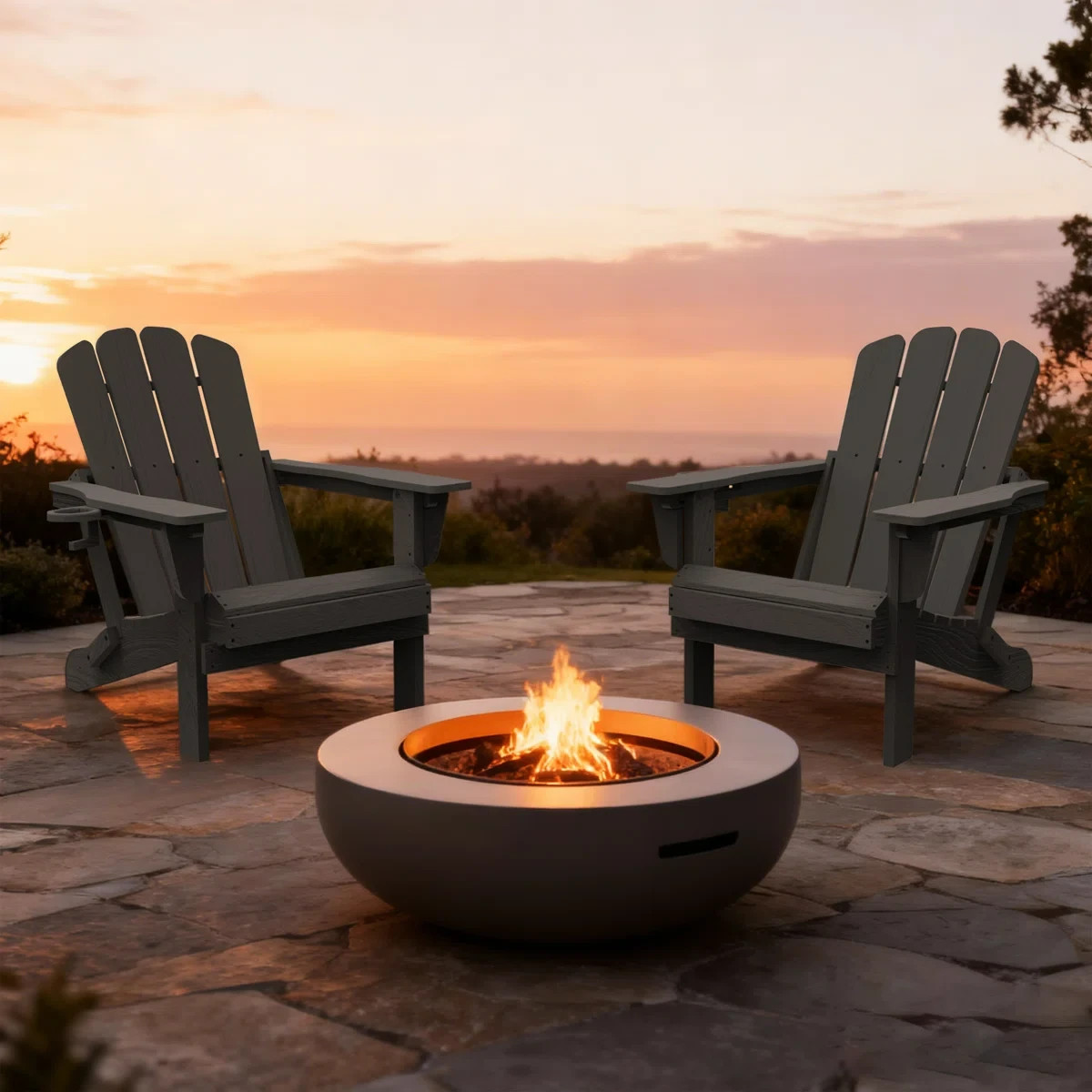 2pcs All-Weather HDPE Folding Adirondack Chair Fire Pit Chair w/Cup Holder,Gray