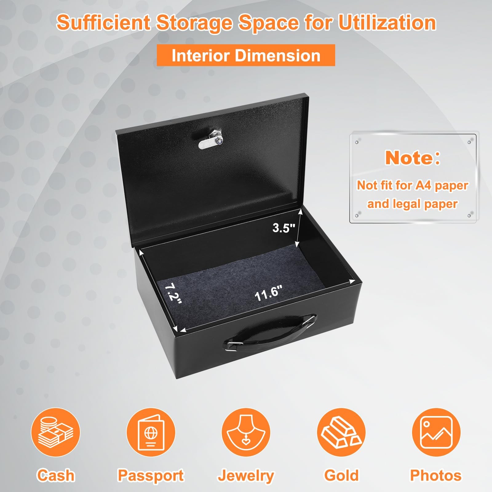 KYODOLED Fireproof Document Box with Key Lock, Small Lock Boxes Medium, Black
