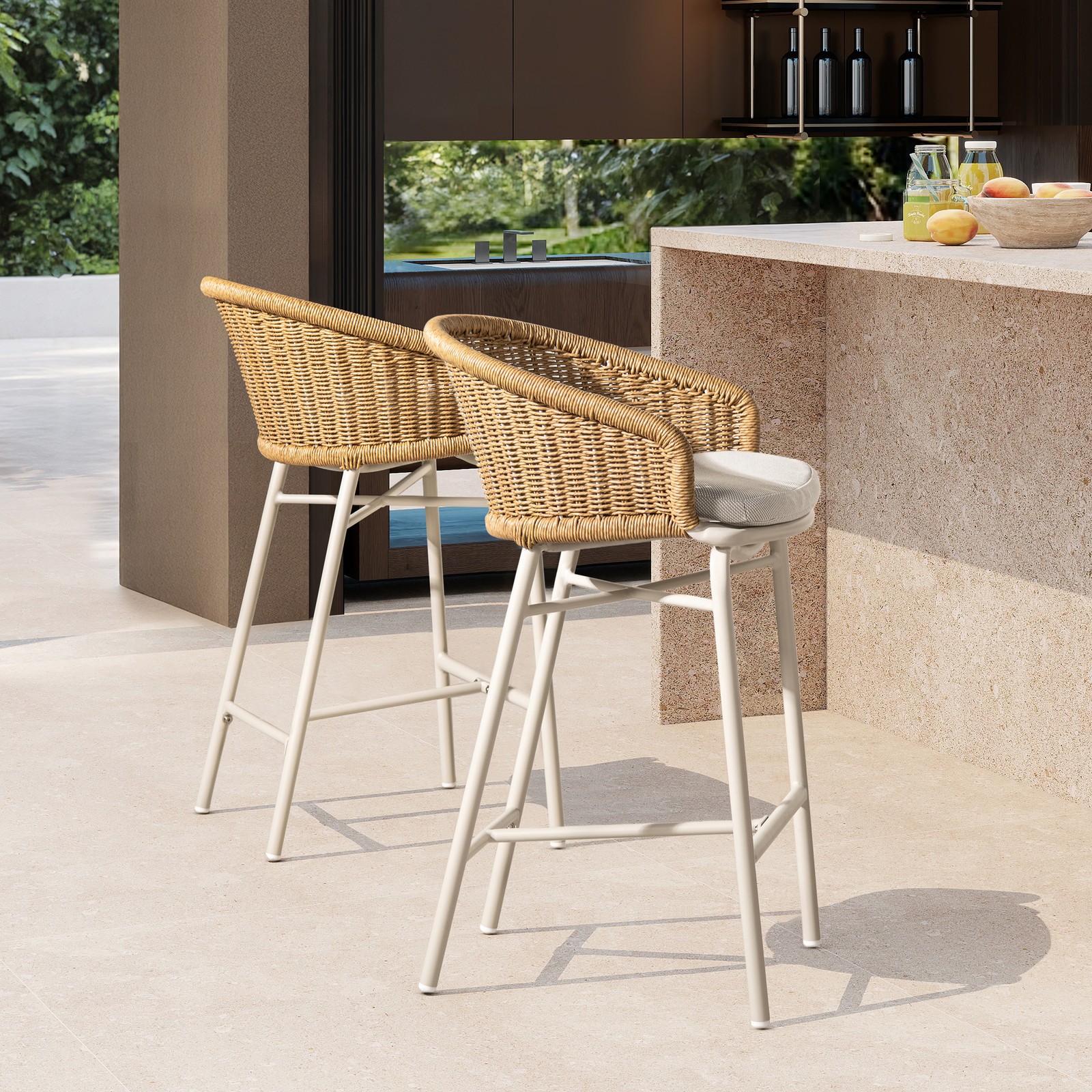Santorini 28" Wicker Back Outdoor Bar Stool Set of 2 Wheat Beige Axroma Olefin
