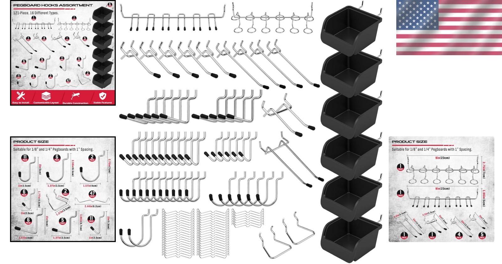 Ultimate 121-Piece Pegboard Hooks Set, Pegboard Accessories with Metal Hooks, Du