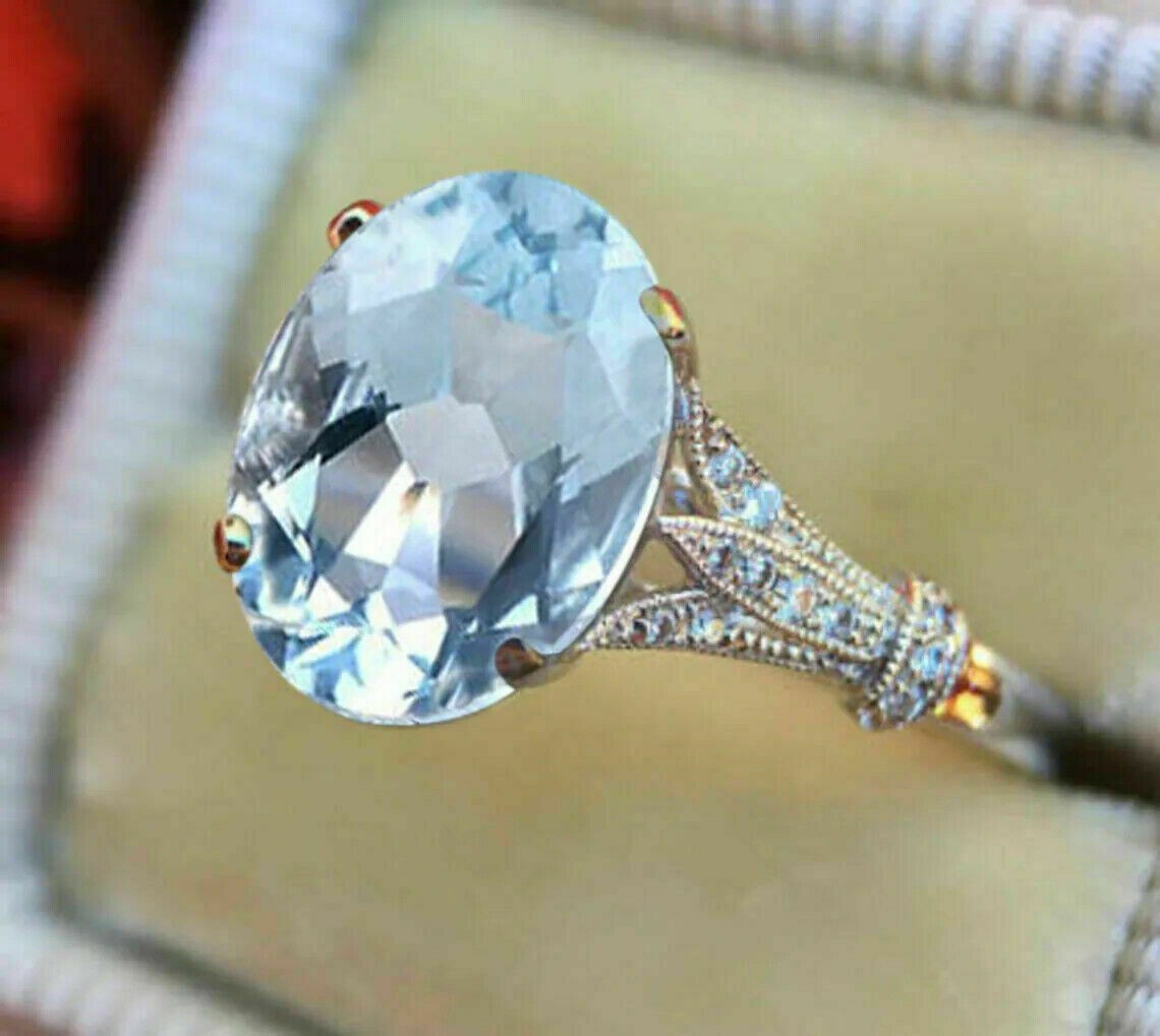 4Ct Lab Created Aquamarine Solitaire Engagement Ring 14K White Gold Finish