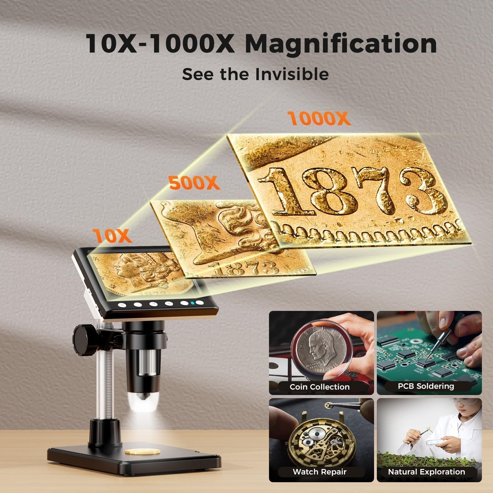 Aikokkl 4.3" LCD Digital Coin Microscope with LED Light - 1000X Magnification