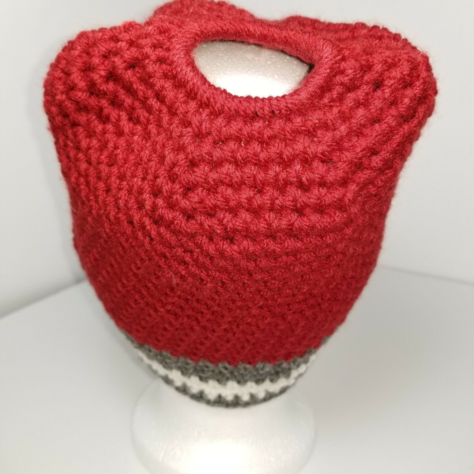 Adult Ponytail Messy Bun Dread Ear Warmer Winter Hat Gray Red Ivory White Stripe
