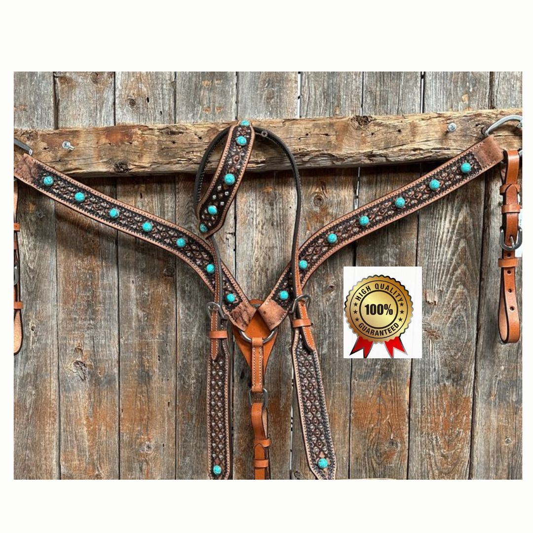 Western Leather Handtooled Turquoise Studs Headstall & Breast collar Tack Set