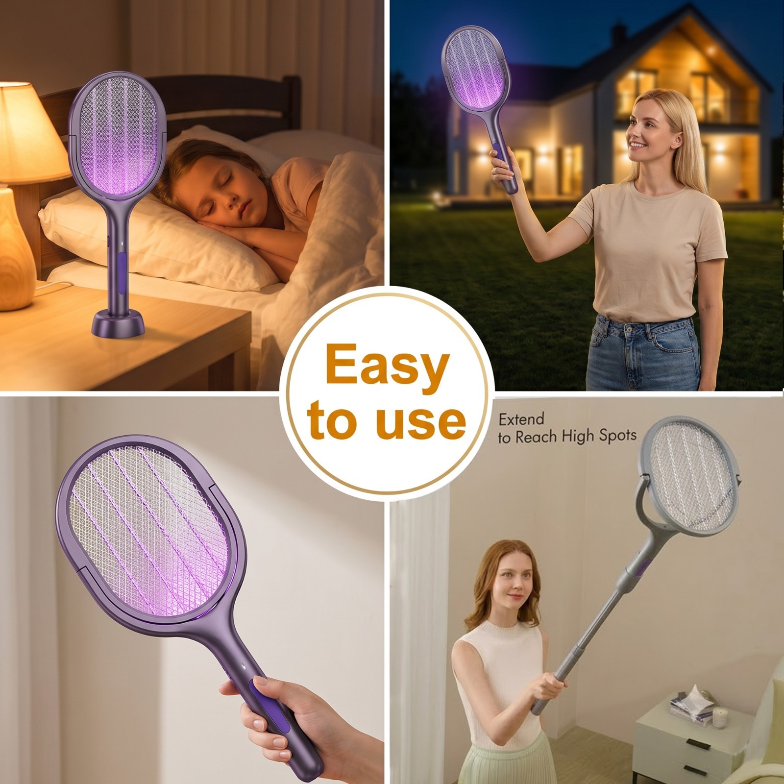 Electric Fly Swatter Racket Rechargeable Bug Zapper with a Telescopic Extensions
