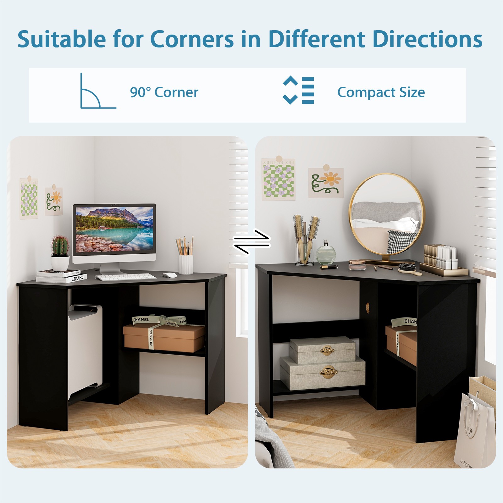 Triangle Writing Workstation Corner Computer Desk w/ Storage Shelf Black