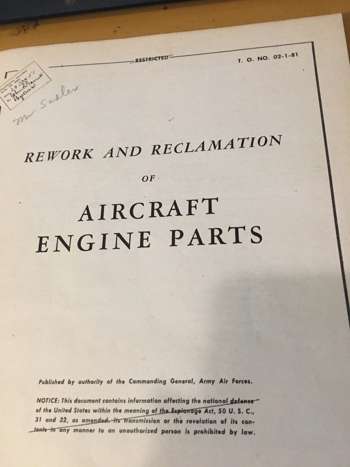 1944 Rework & Reclamation of Aircraft Engine Parts Booklet