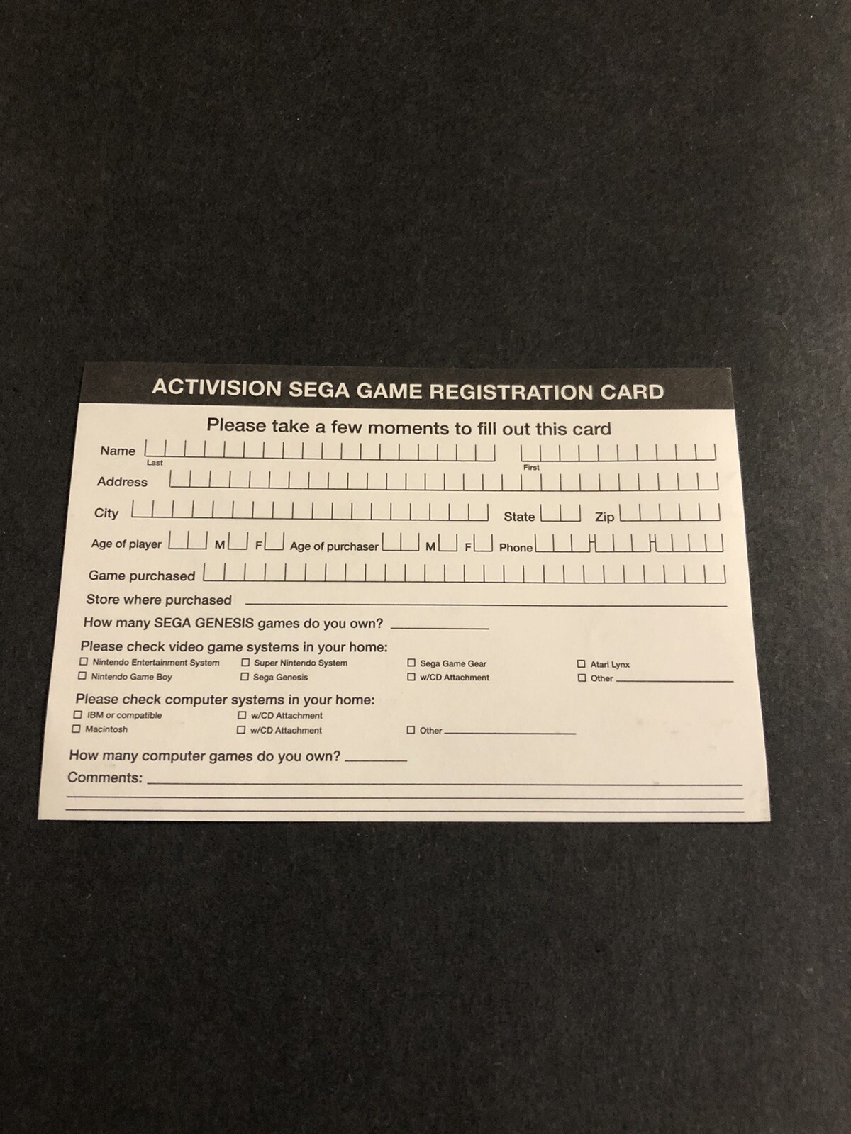 sega genesis activision registration card insert