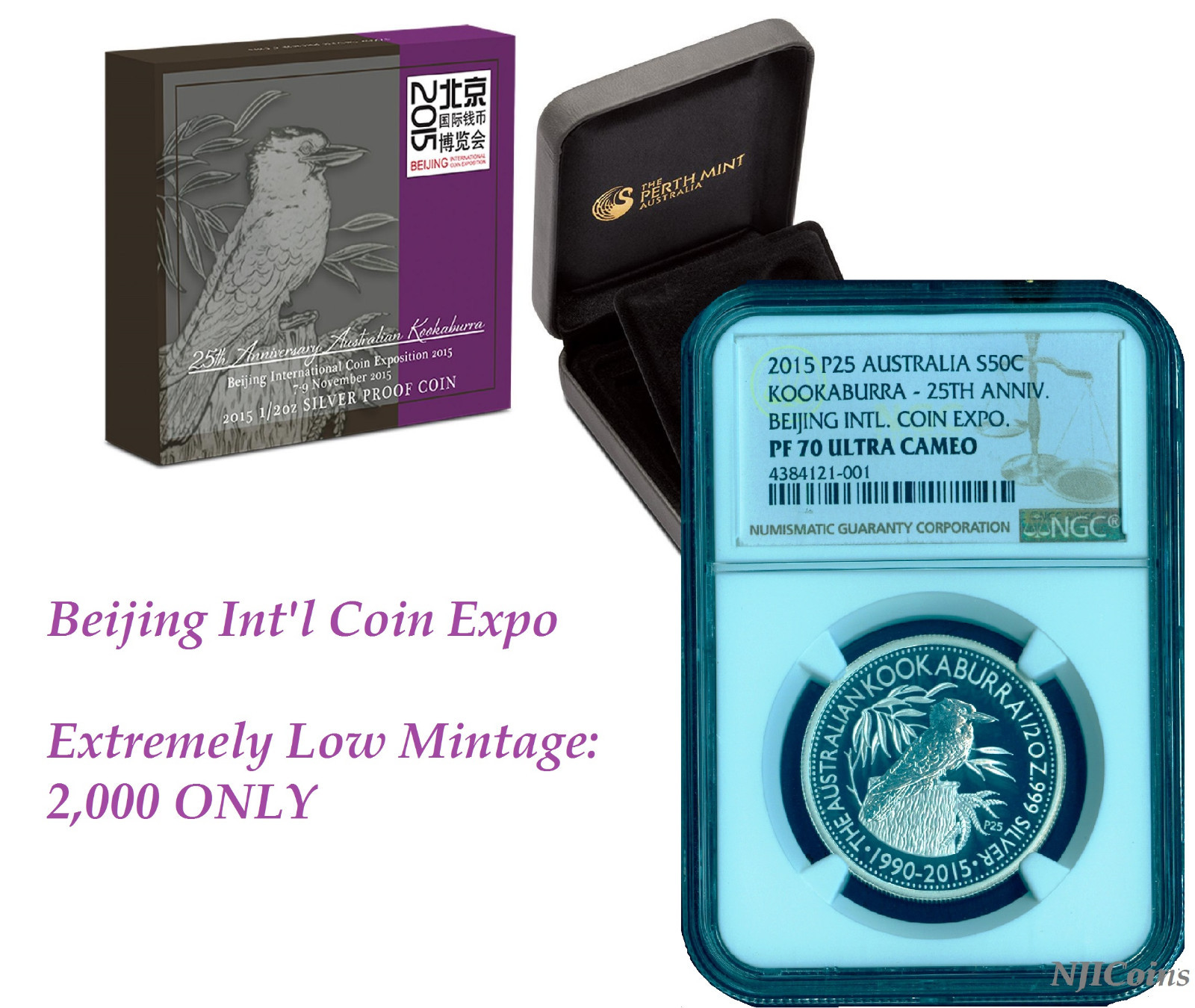 RARE 2015 Beijing Coin Show Australia PROOF Silver Kookaburra NGC PF70 1/2 oz