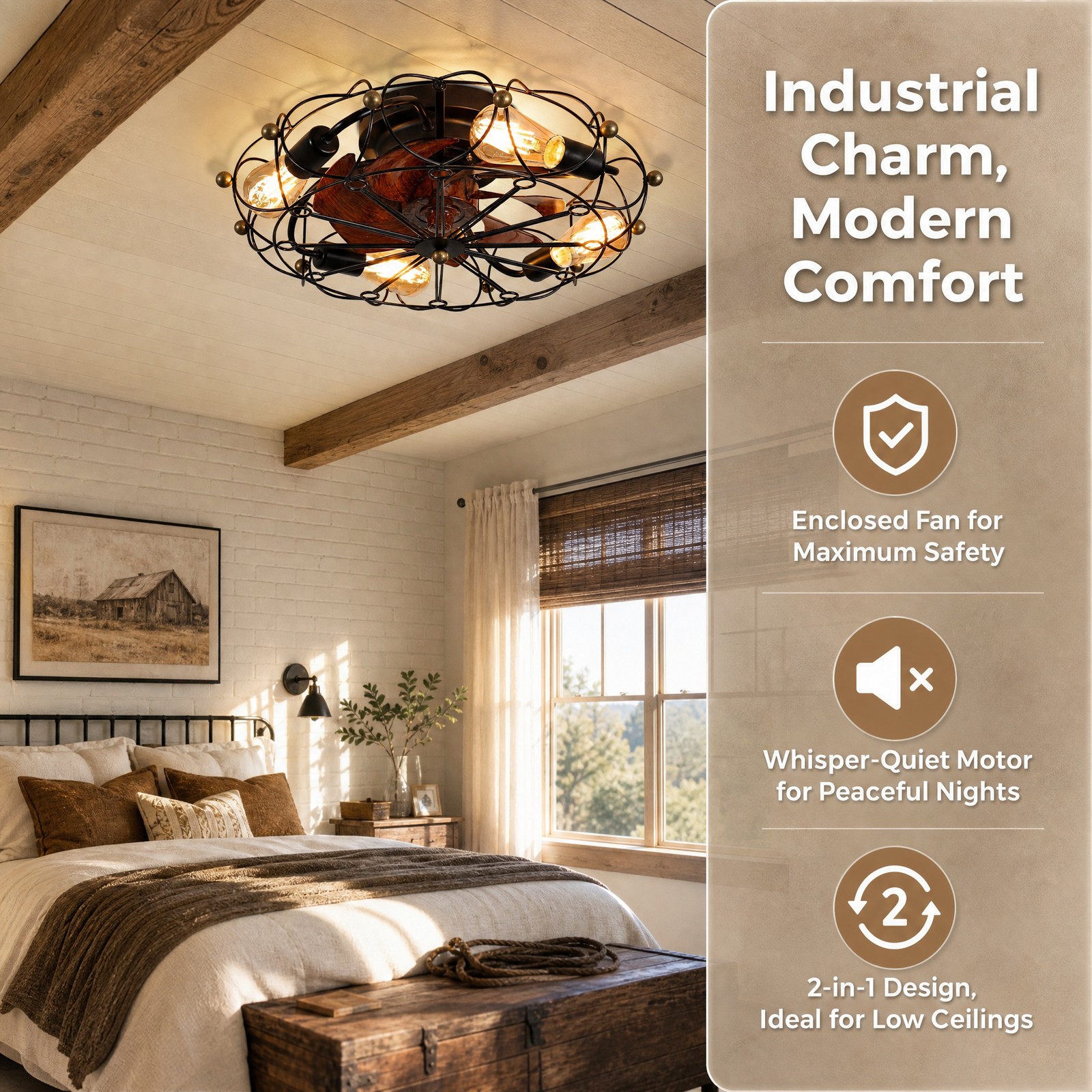 20'' Modern Caged Black Ceiling Fan with LED Light Flush Mount Remote Control