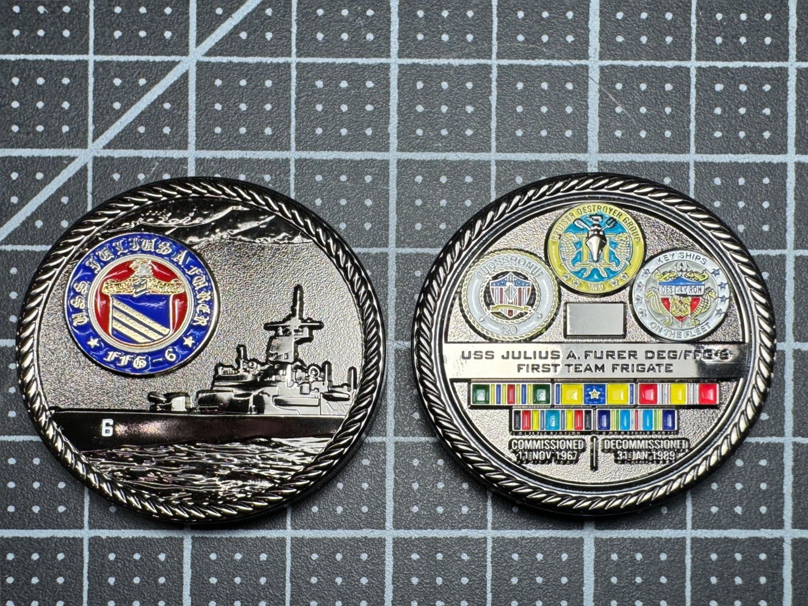 USS Julius A Furer DEG-6 / FFG-6 Ships Challenge  Coin 1.75" Gunmetal Black