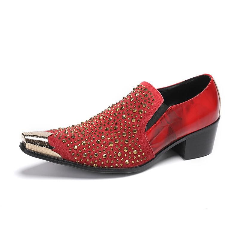 Men's Rhinestone Heel Metal Pointed Toe Party Nightclub Real Leather Shoes