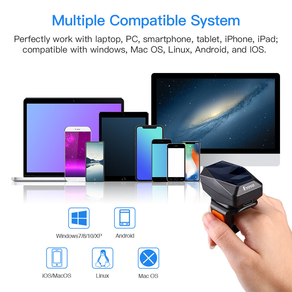 Eyoyo Mini Finger Barcode Scanner Wireless 2D Wearable Ring Scanner for PC Phone