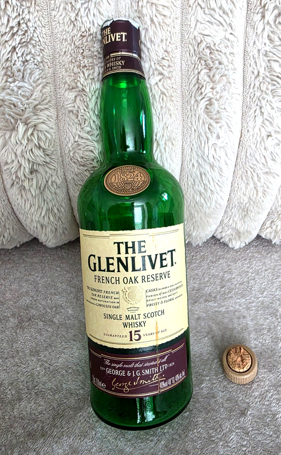 1980s The Glenlivet 15 Year FRENCH OAK RESERVE Single Malt Scotch Empty Bottle.