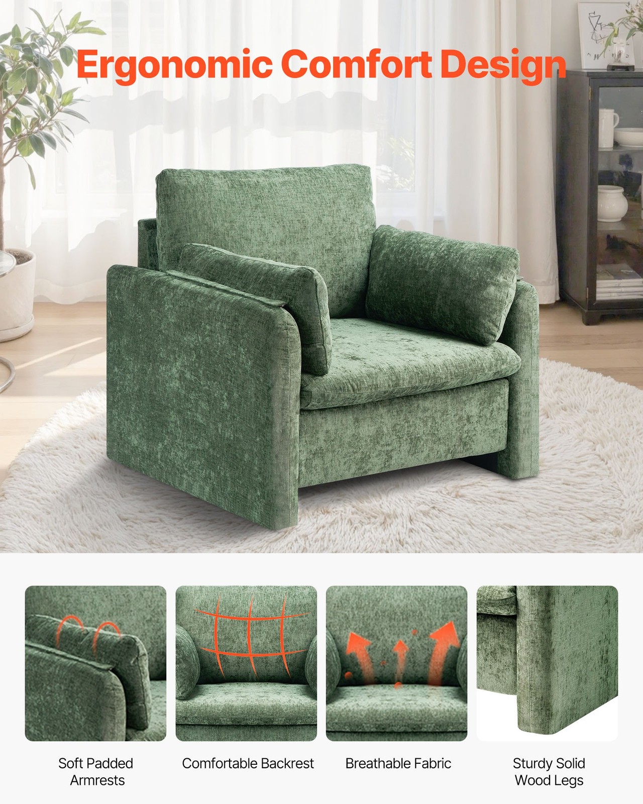 Green Accent Chair, Modern Upholstered Accent Chair With Armrests, Cloth Chairs