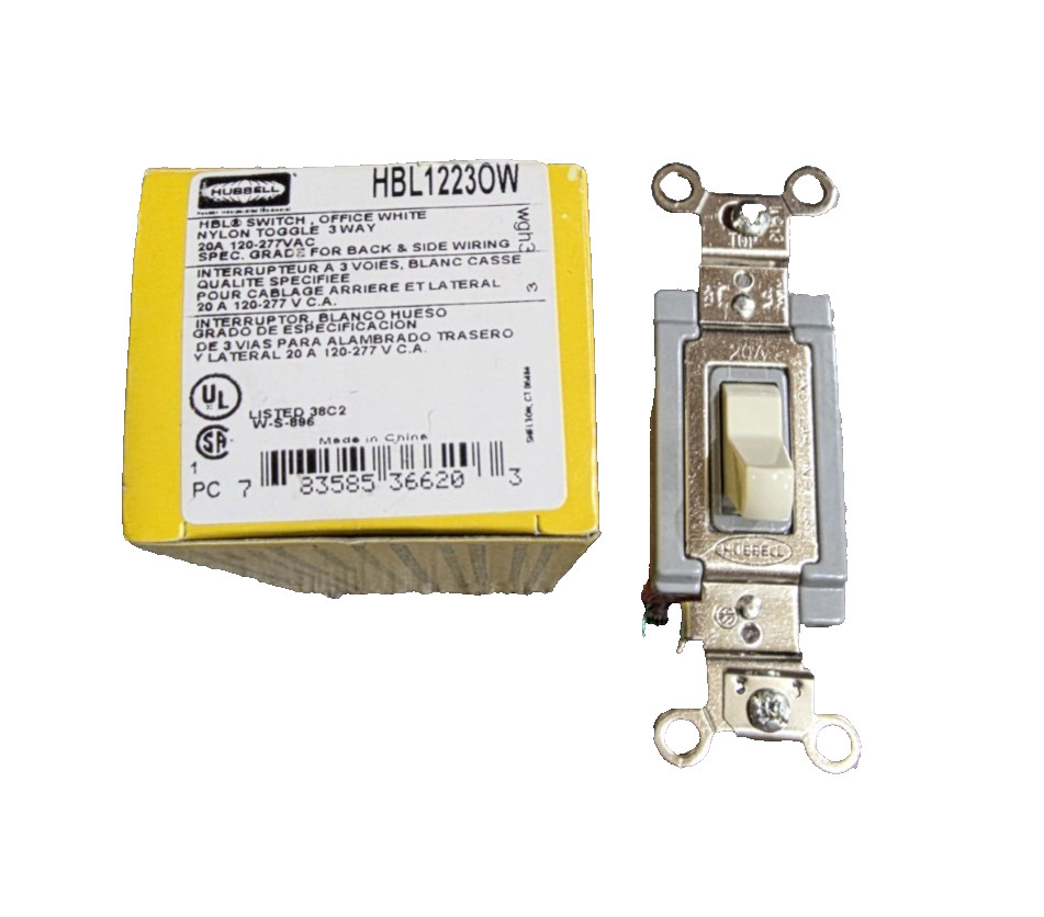 Hubbell HBL1223OW, Wall Switch: Toggle Switch, 3-Way, Maintained, Ivory, 120/277
