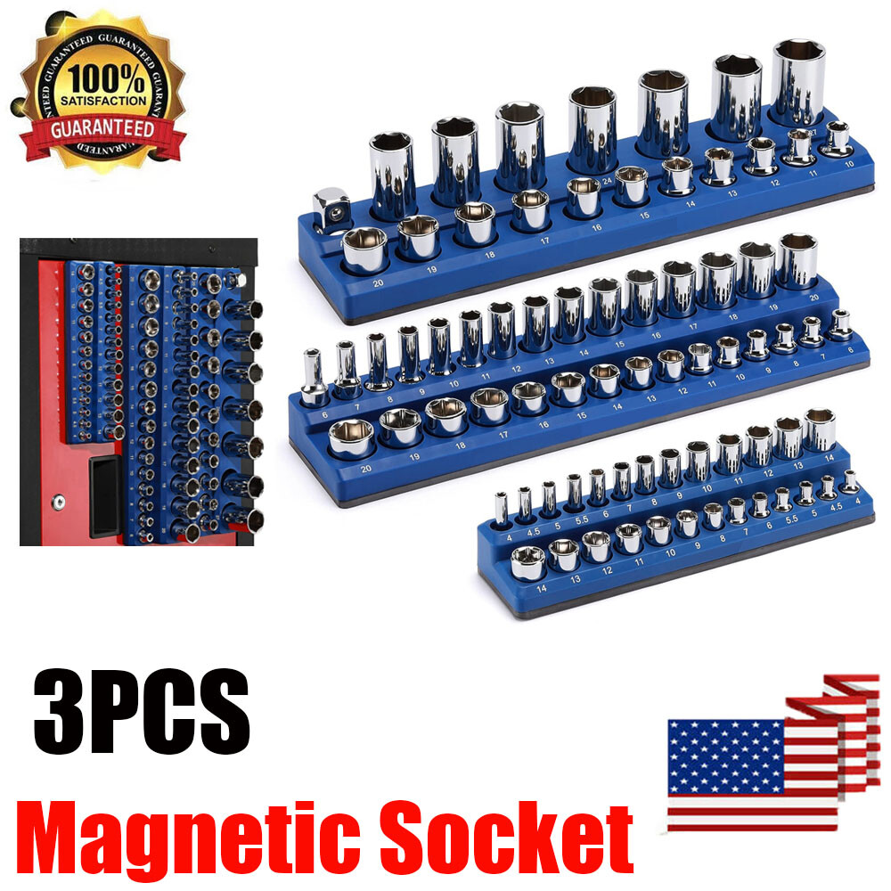 3PCS Magnetic Socket Organizer Tool 1/4"3/8"&1/2"Drive Metric/SAE Blue US