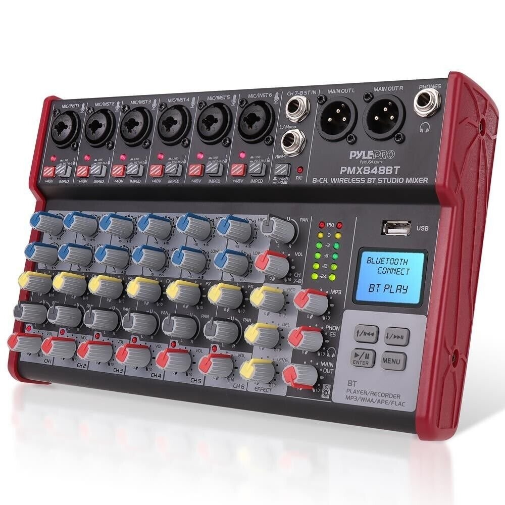 Pyle Professional 8-Channel Bluetooth Wireless DJ Mixer +48V PHANTOM POWER