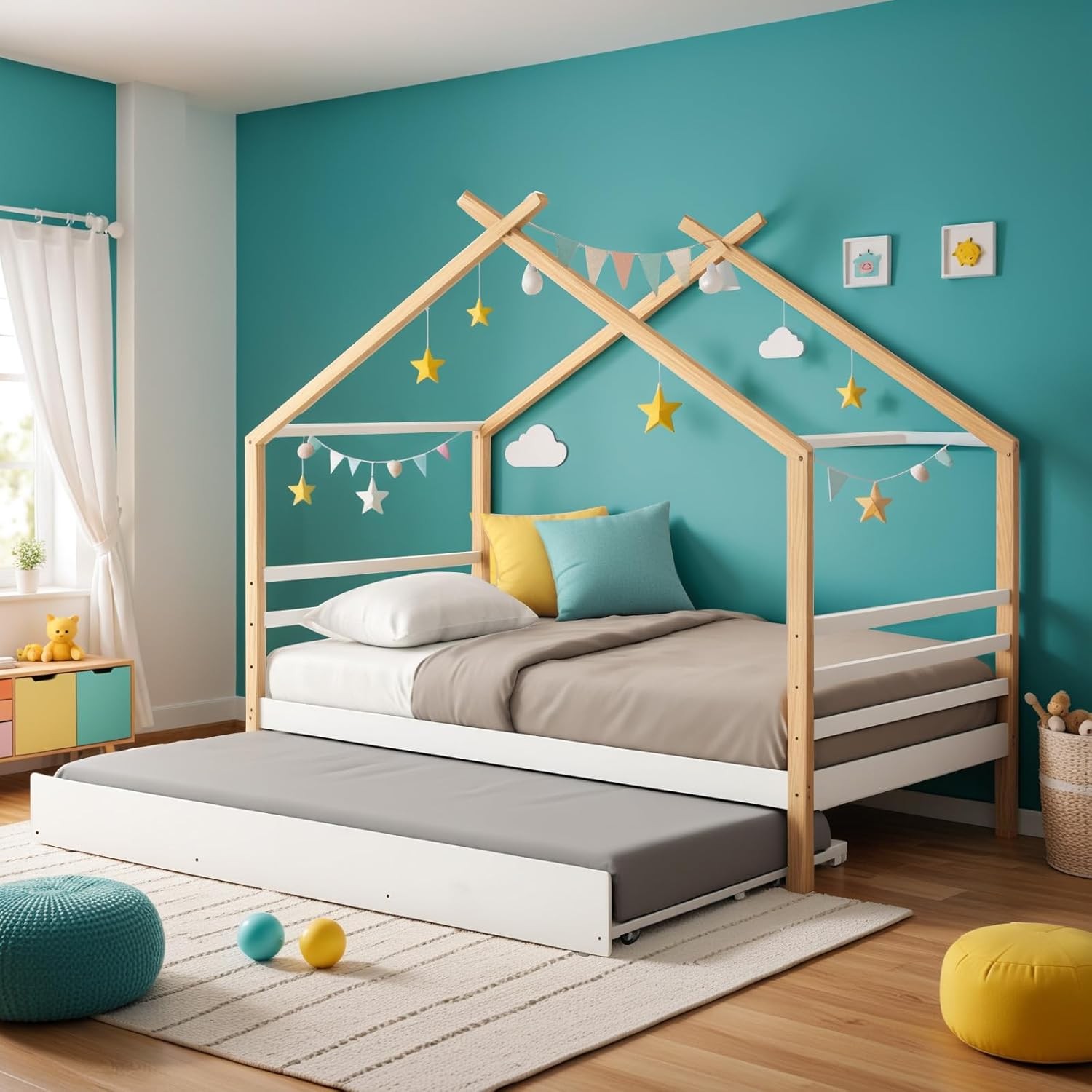 Twin Size Kids House Bed with Trundle Wooden Bed Frame for Boys Girls