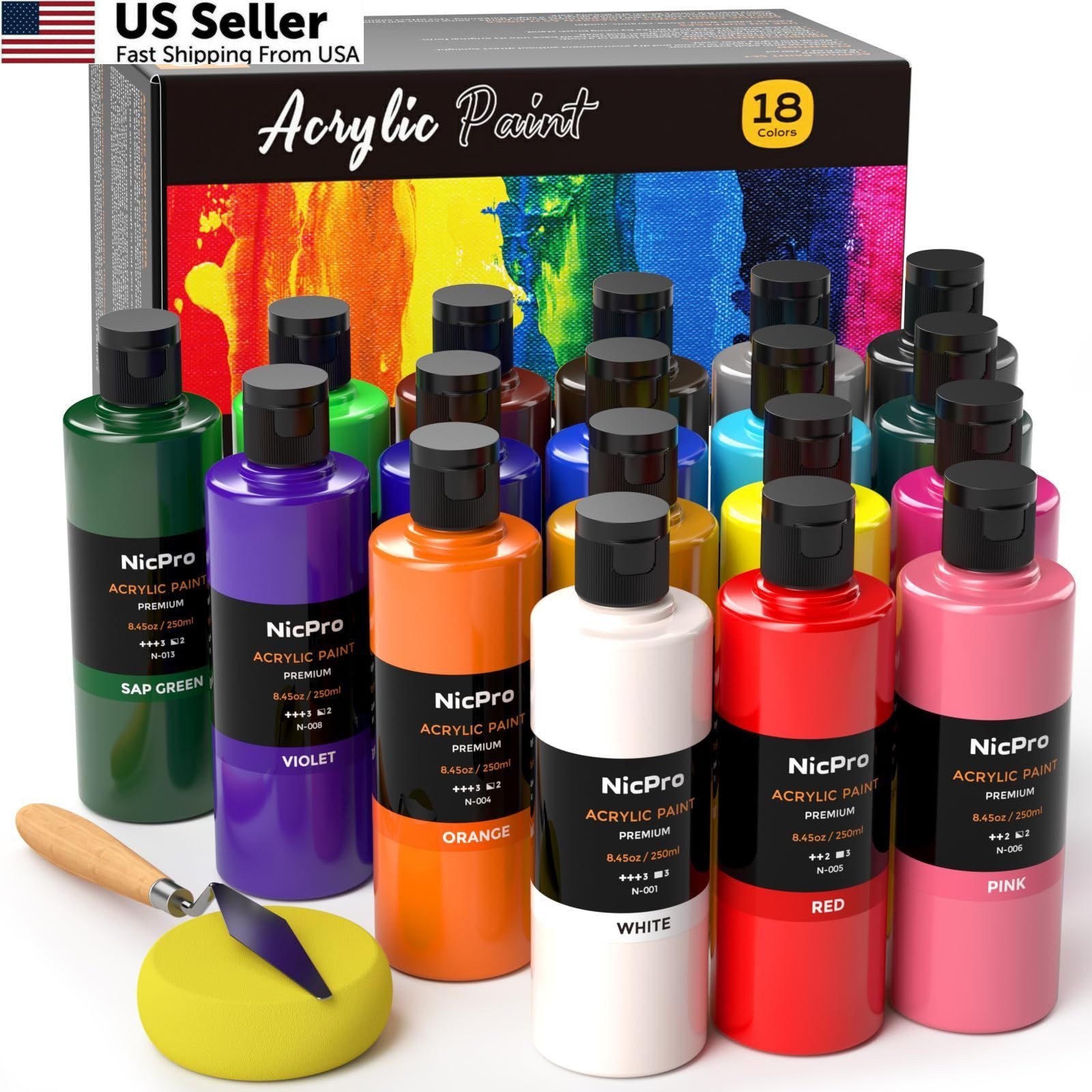 Nicpro 18 Colors Large Acrylic Paint Set, 8.45 Fl Oz (Pack of 18), 18