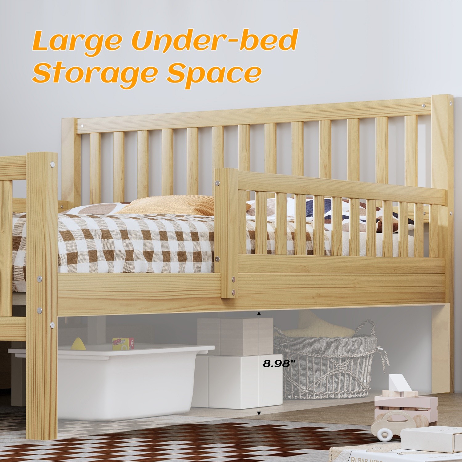 Full Size Wood Platform Bed Frame with 2 Drawers and Guardrails Natural/Walnut