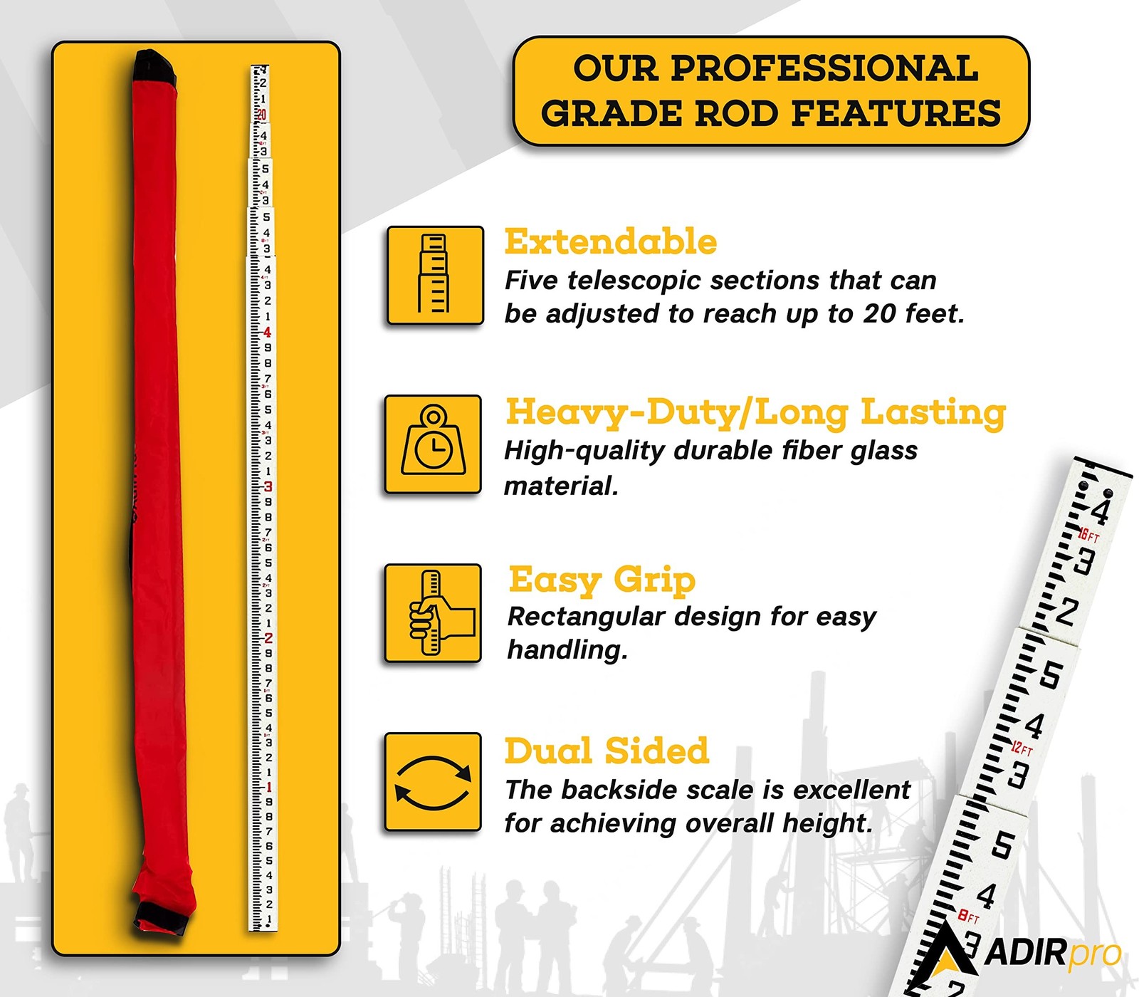 AdirPro 20 ft Fiberglass Telescoping Grade Rod | 5-Section Rectangular Leveli...