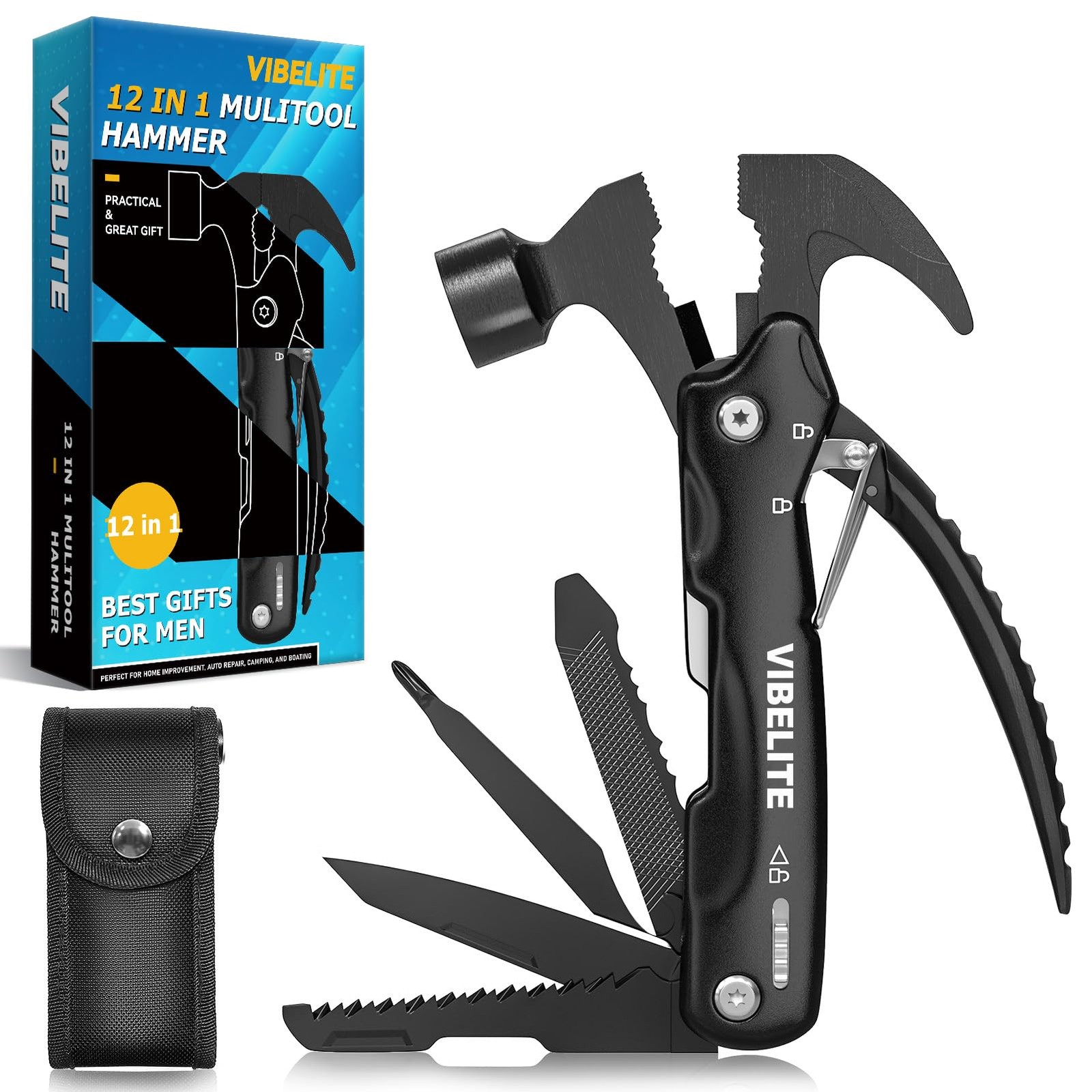 Gifts for Men, 12 in 1 Multitool Hammer Camping Hunting Hiking, Black