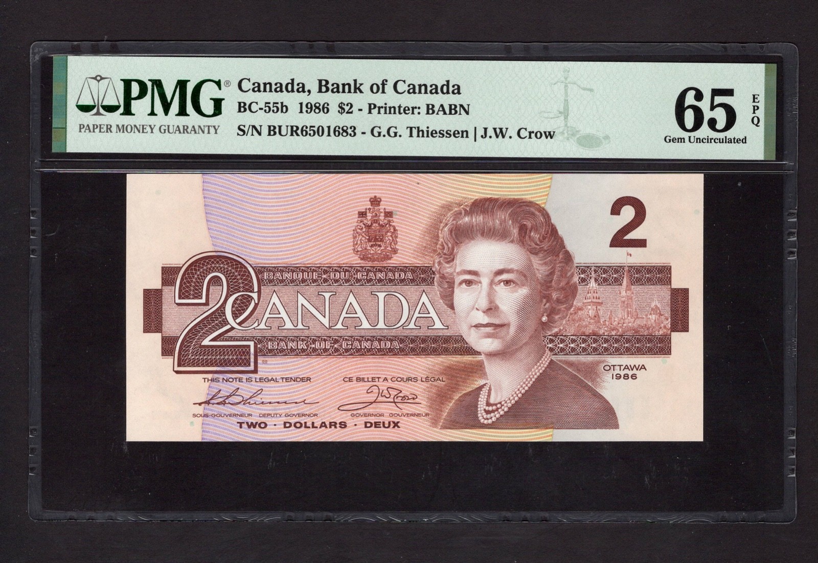 Canada 2 Dollars 1986 BC-55b Uncirculated Grade 65