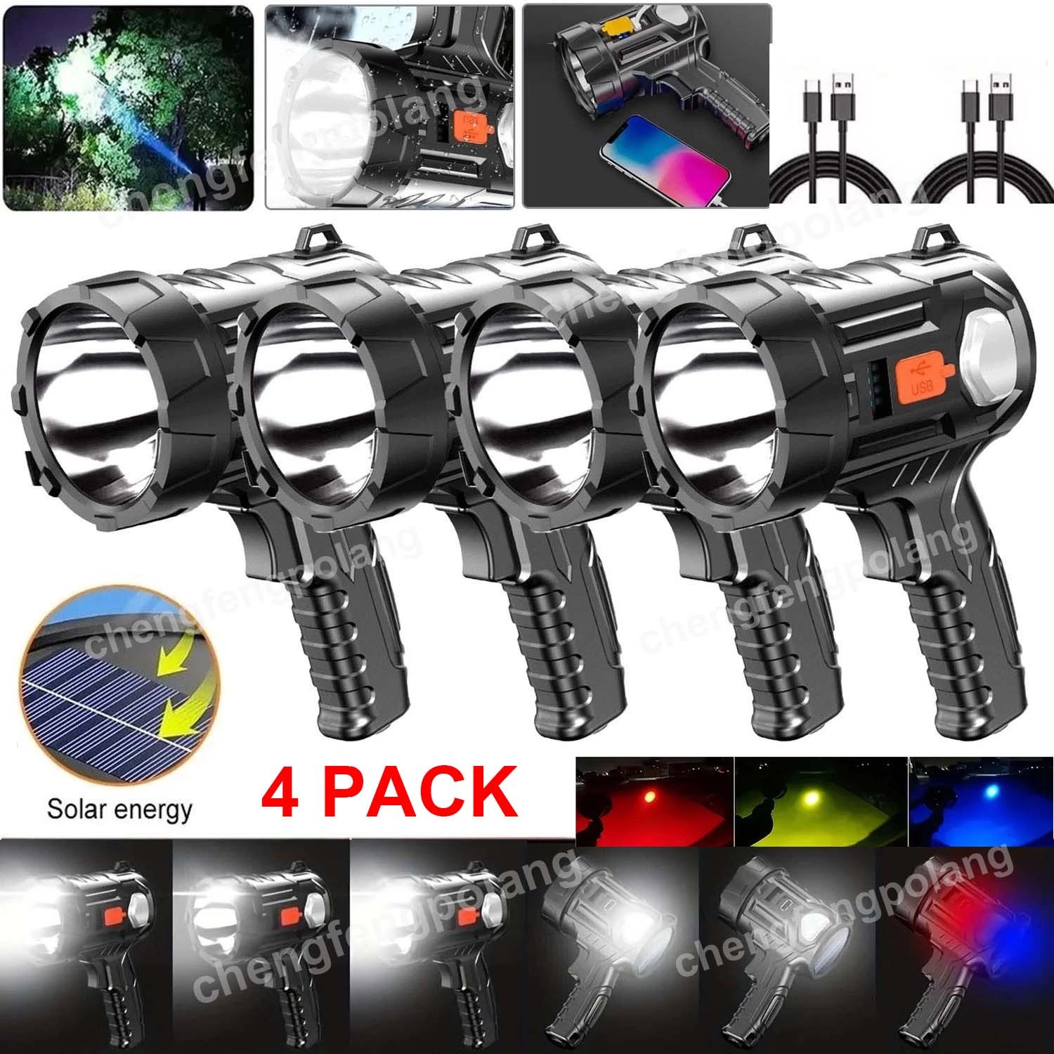 4PCS Solar/USB Super Bright Rechargeable LED Spotlight Flashlight Searchlight