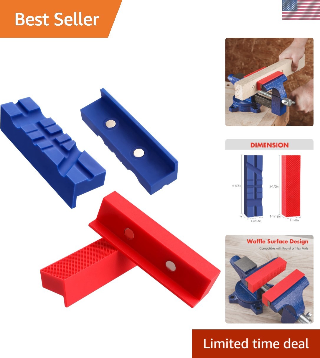 Multi-Functional 4-1/2" Vise Jaw Pads with Magnetic TPU for All Bench Tools