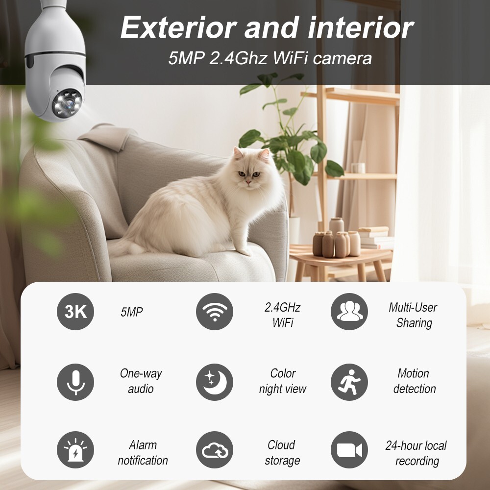 Light Bulb Camera 5MP IP 360° CCTV Camera WiFi IR Smart Home Wireless Security