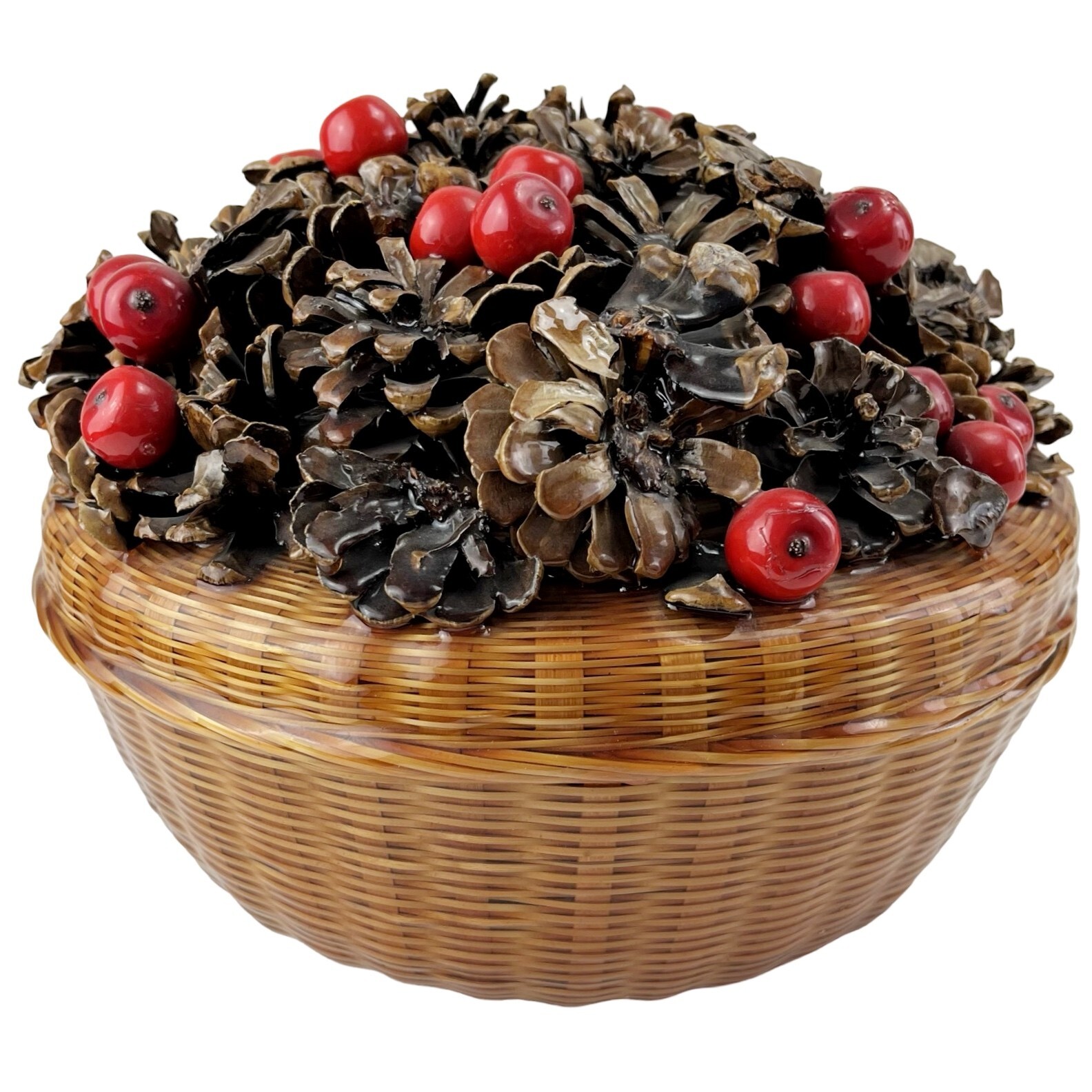 Vintage Pinecone Cranberry Lidded Basket Christmas Holiday Rustic WhimsyLids 10"