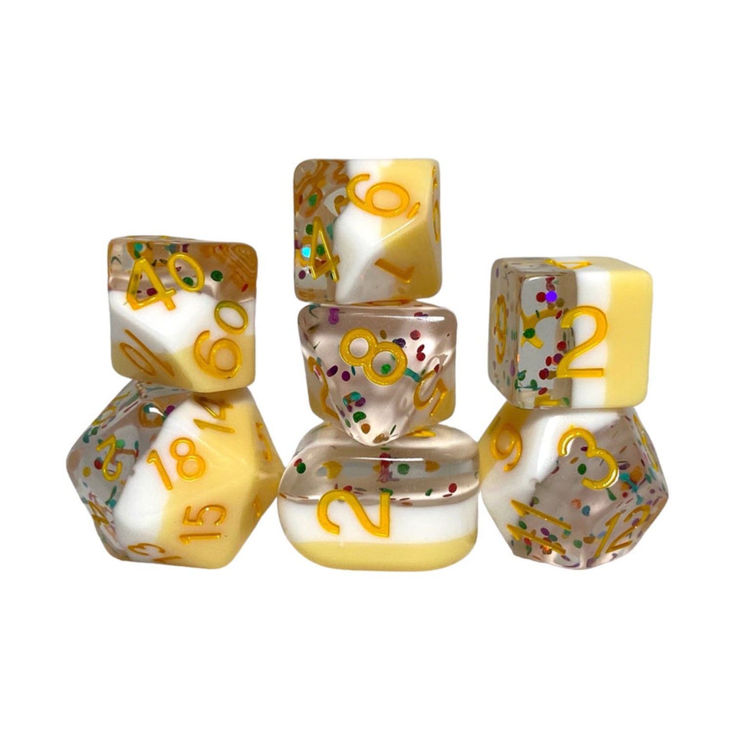 R4I Diffusion Dice Polyhedral Dice - Birthday Wishes w/Yellow Symbol (7) New