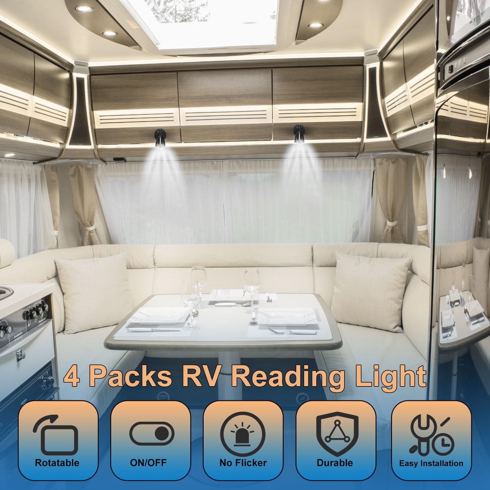 VIHOSE 4 Pieces DC12V- 24V RV Lights Interior Black, White Light 6000K