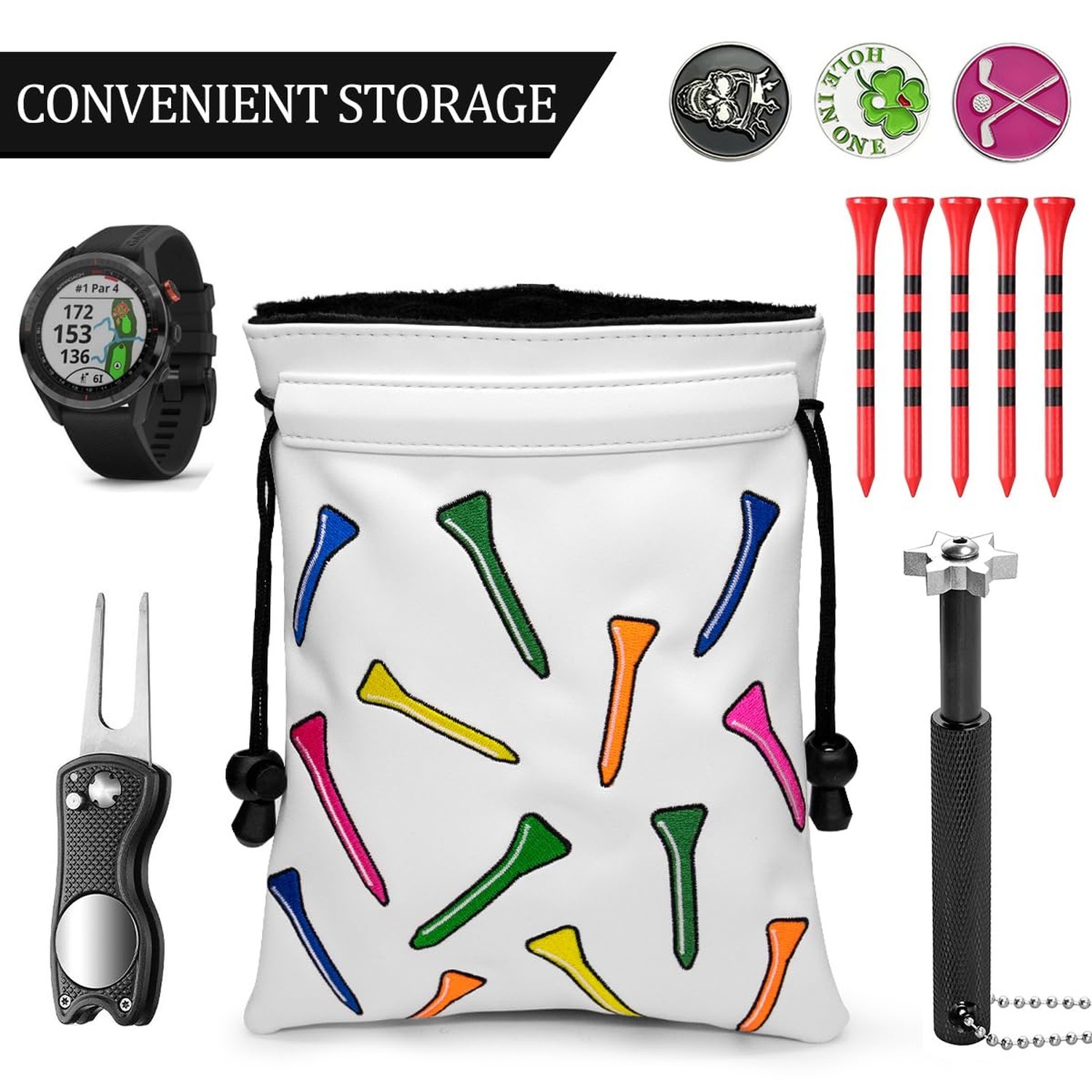 Valuables Pouch,Golf Bag Pouch with Drawstrings Golf Tee Bag Leather Golf Tee...