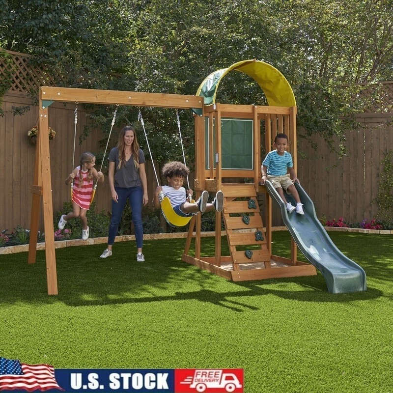 Ainsley Wooden Outdoor Swing Set W/ Slide Rock Wall Sandbox Clubhouse two Seat