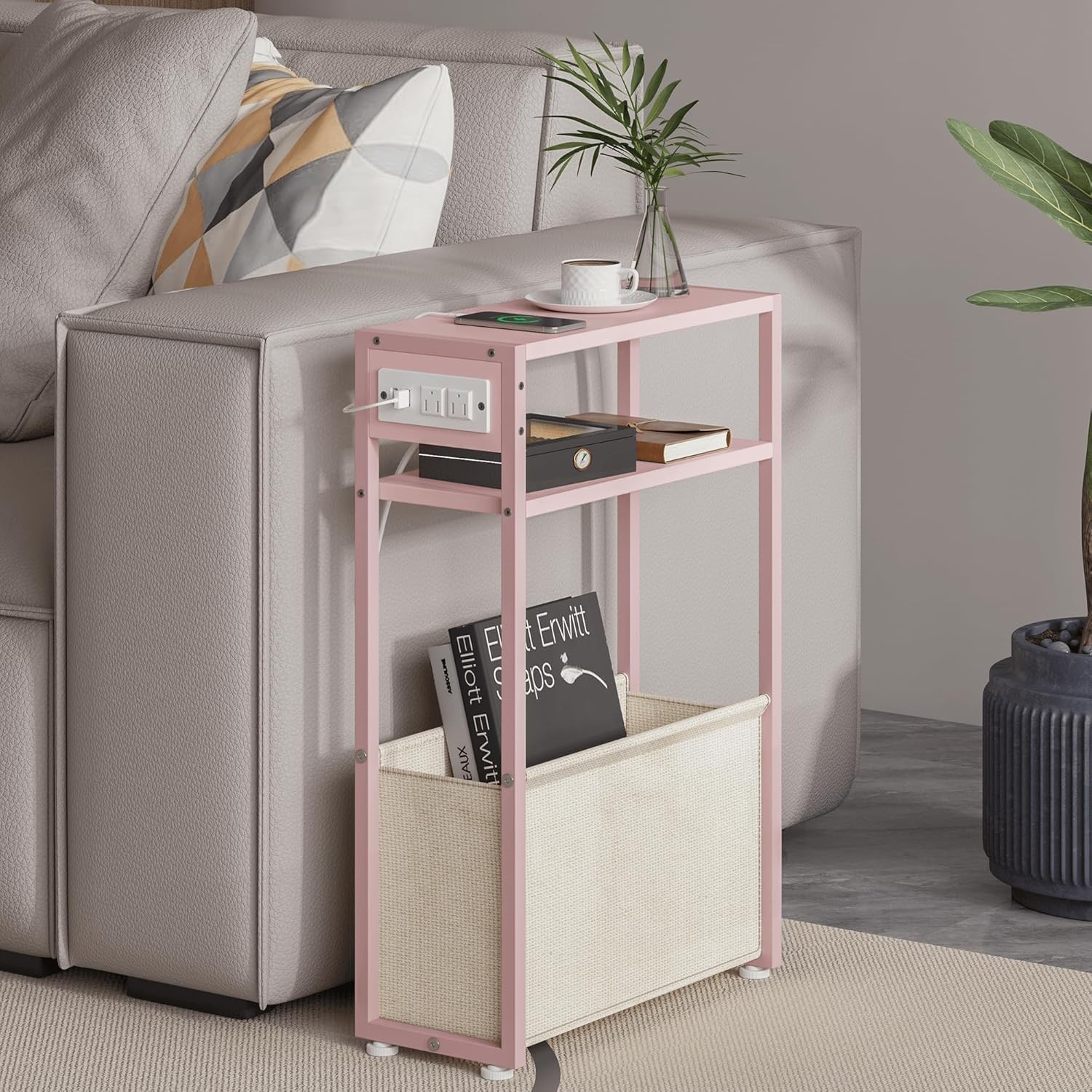 Narrow Side Table Durable Slim End Tables W/ Fabric Basket Table Small Spaces US