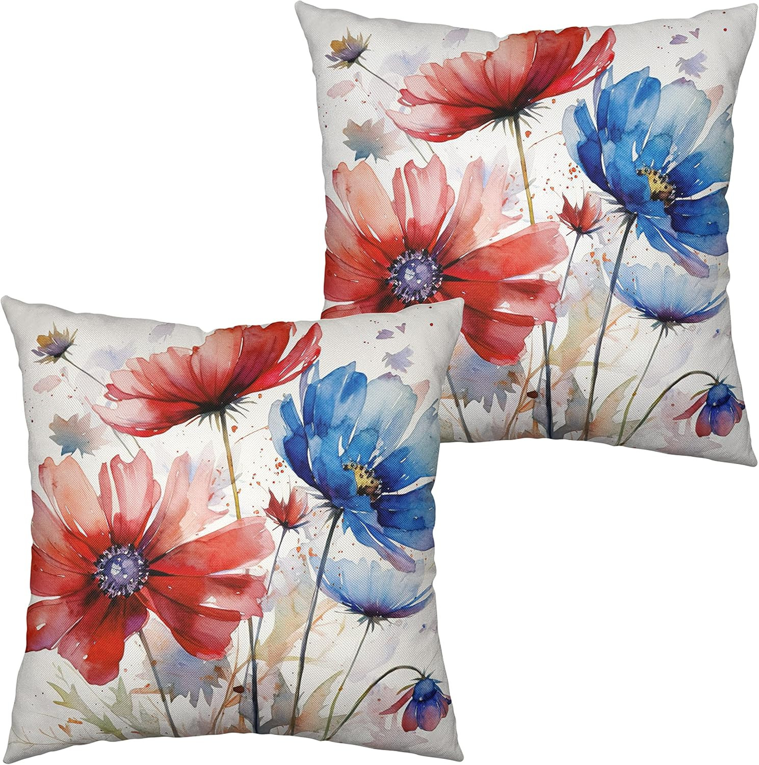 Watercolor Flower Outdoor Throw Pillow Covers 18x18 Set of 2 Red Blue Floral Pil