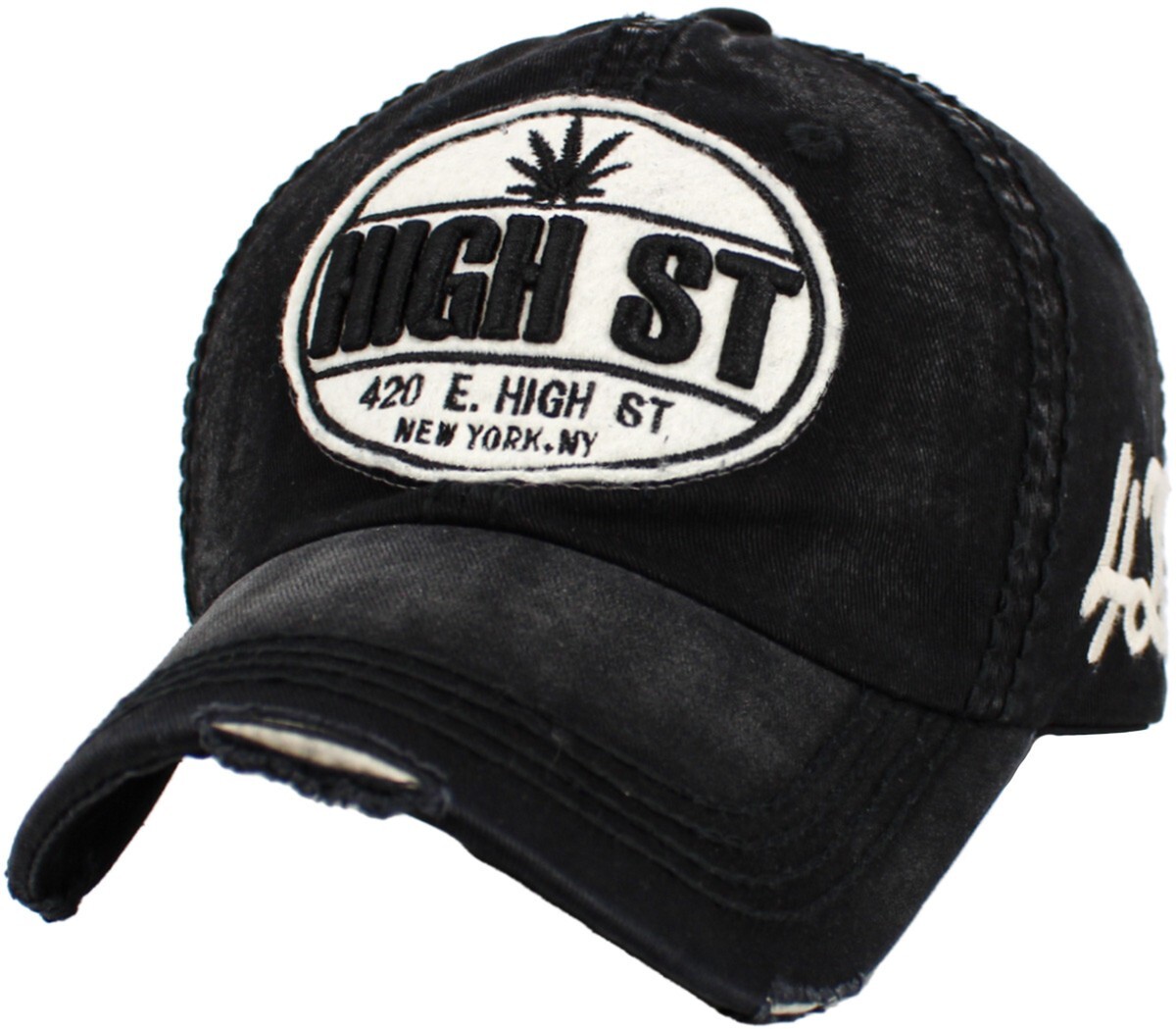 420 High Street Marijuana Pot Weed THC Distressed Solid Black Dad Hat by KBEthos