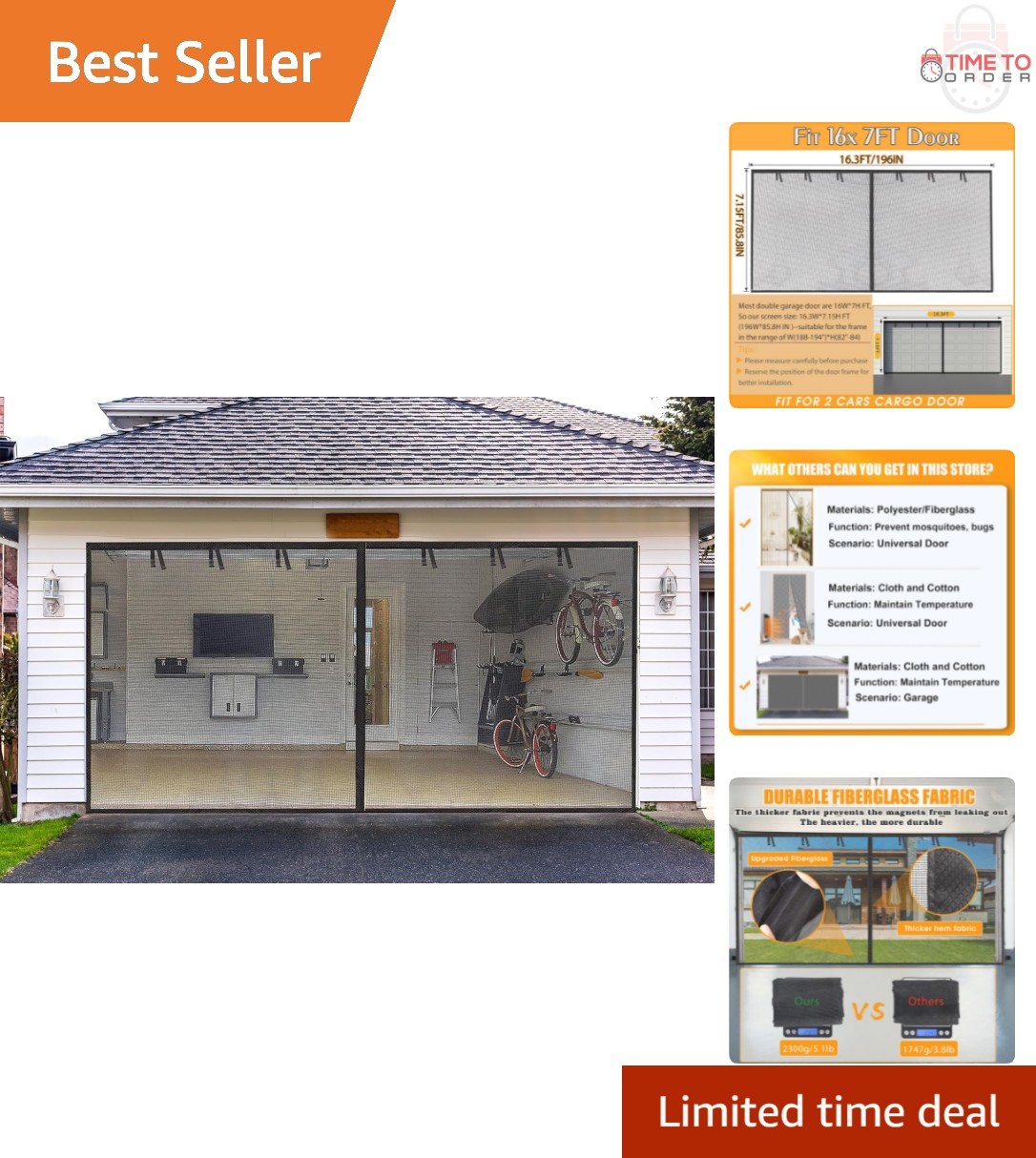 Garage Screen Door Fiberglass 16x7 Ft Heavy Duty Magnetic Roll Up for Patio O...
