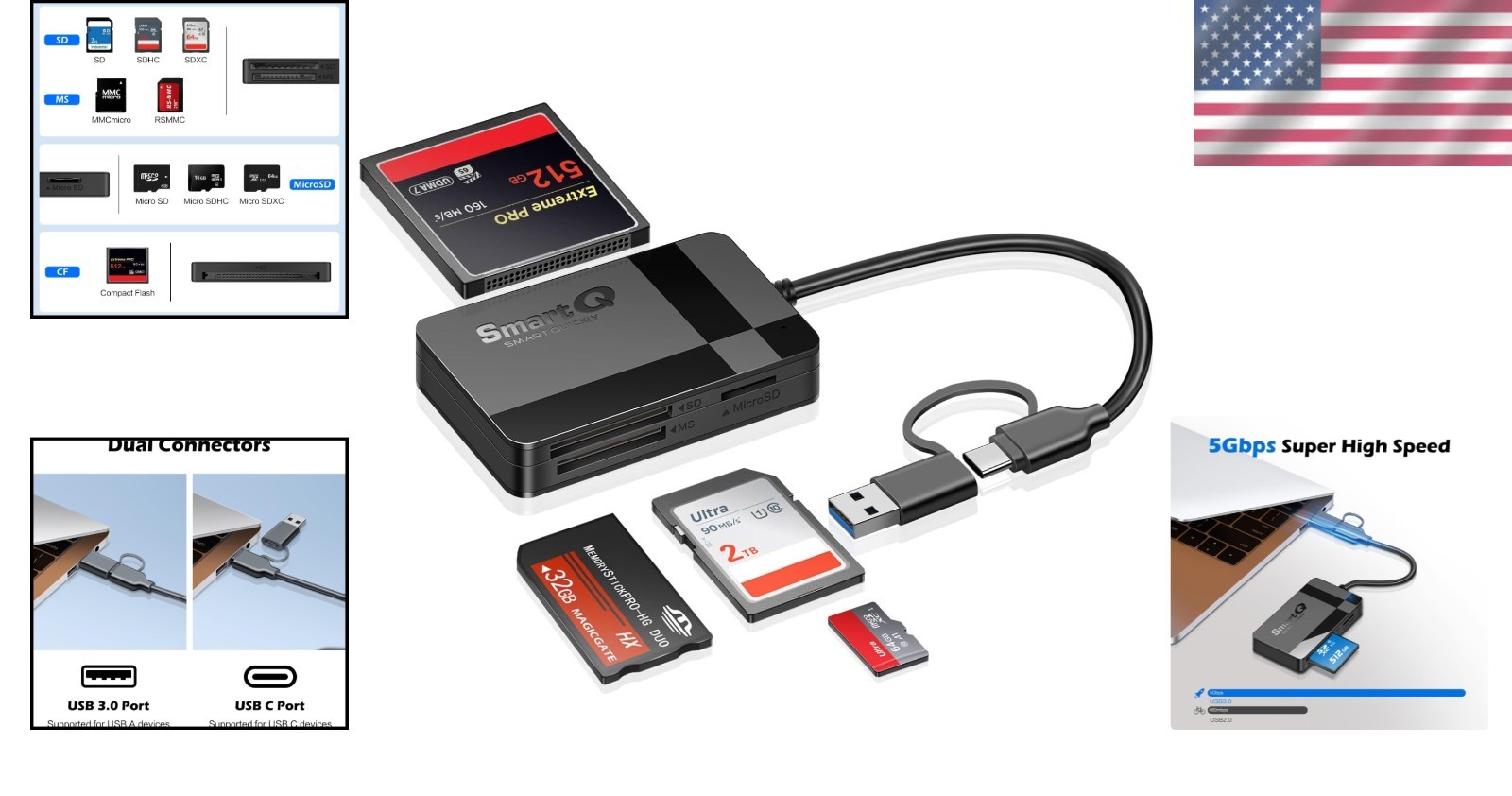 4 in 1 USB C Memory Card Reader SD MS CF TF Adapter Supports Simultaneous Read